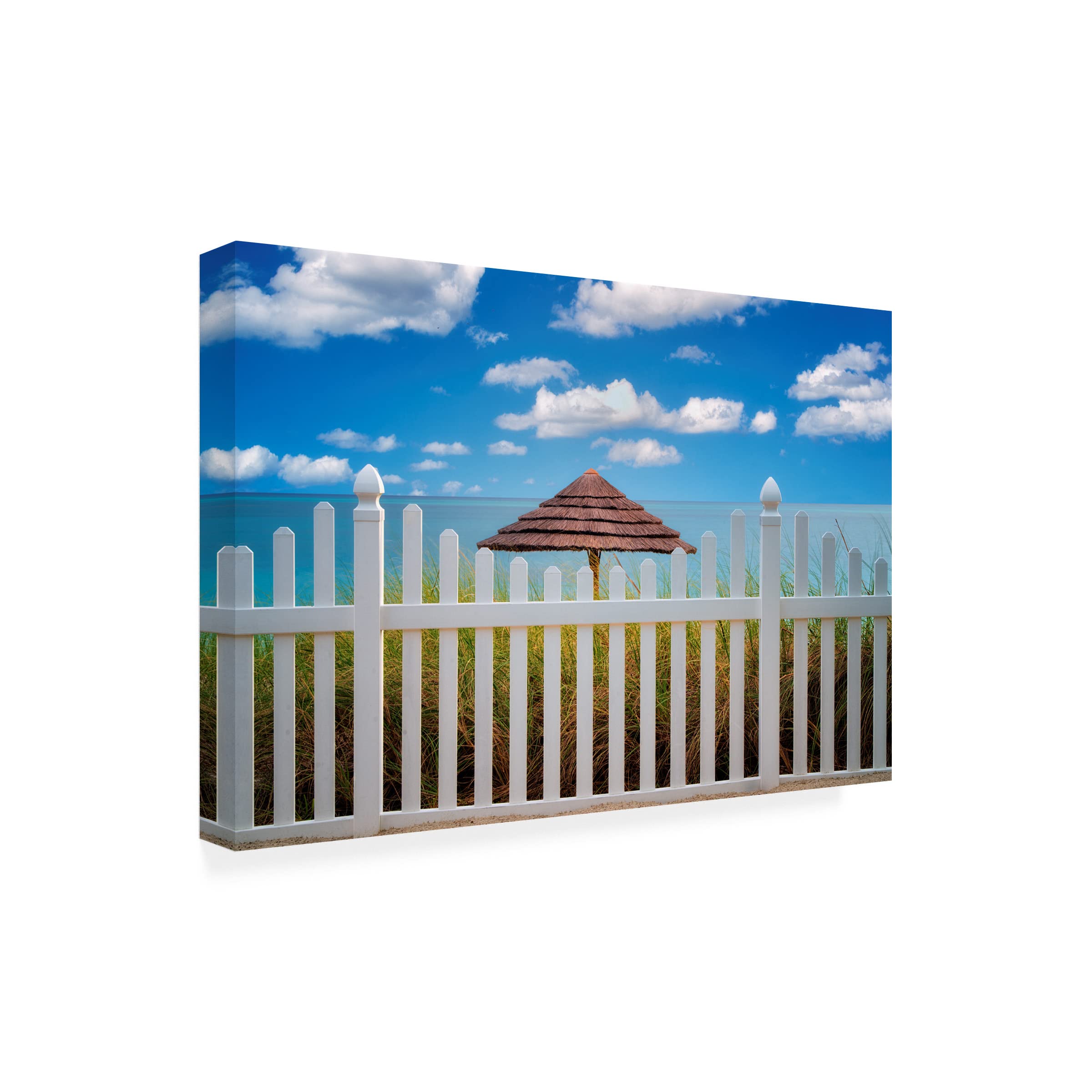 Dennis Frates 'Fence And Beach Umbrellas' Canvas Wall Art Print - Coastal Beach Decor for Living Room, Bedroom & Office - Premium Trademark Fine Art Collection