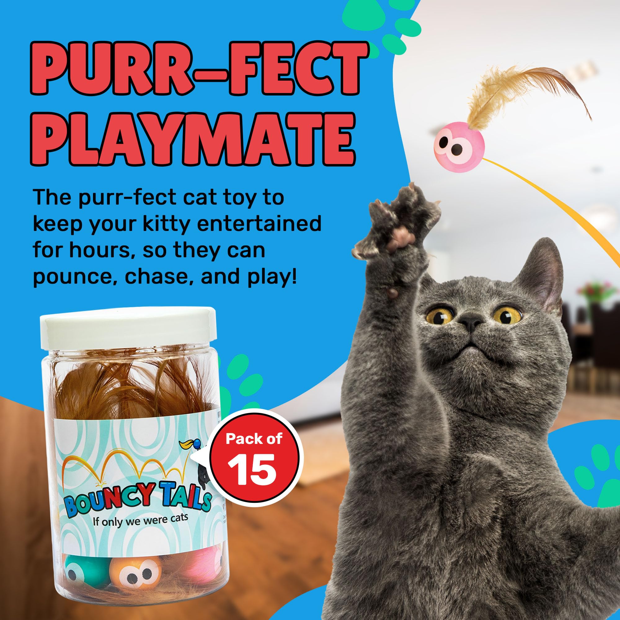 15-Pack Natural Feather Cat Ball Toy - Interactive Cat Toys for Indoor Adult Cats & Kittens - Fun Playtime for Bored Cats, Exercise & Bonding with Your Pet