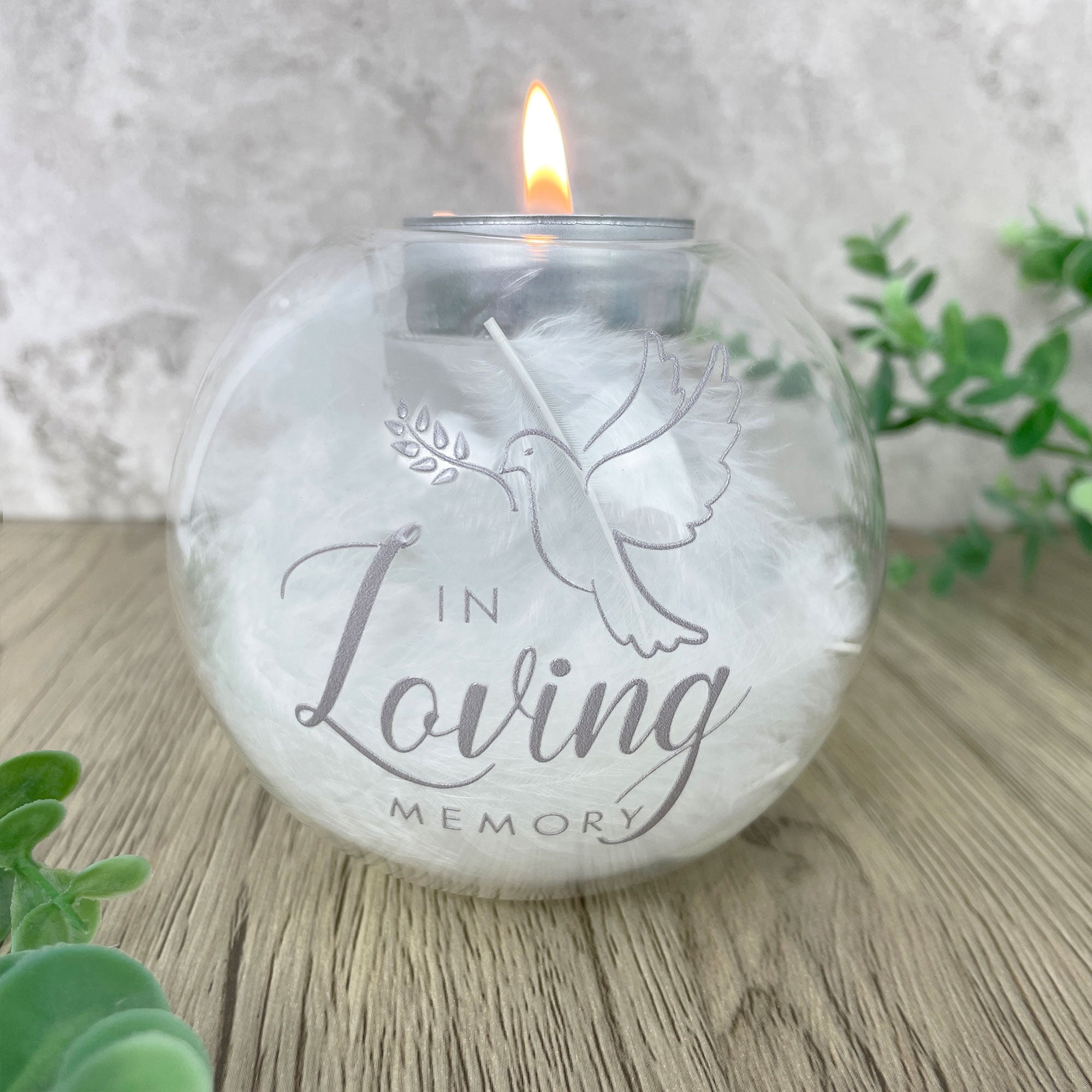 Personalized Feather Filled Glass Memorial Candle Holder - In Loving Memory Keepsake for Funeral, Memorial Service & Home Decor
