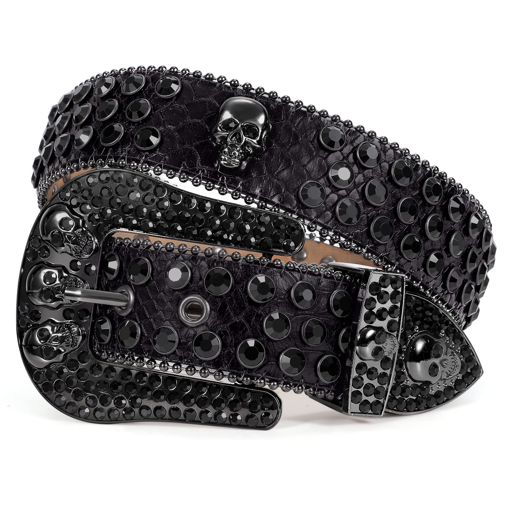 SUOSDEY Rhinestone Skull Belt for Men & Women - Punk Fashion Studded Leather Belt with Bling for Jeans, Pants & Jackets | Perfect for Gothic, Rocker & Edgy Outfits