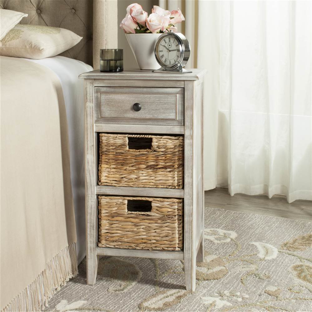 Safavieh Everly White Wash 1-Drawer Side Table with 2 Removable Baskets - Nightstand, Bedside Table, Living Room Accent Furniture for Small Spaces