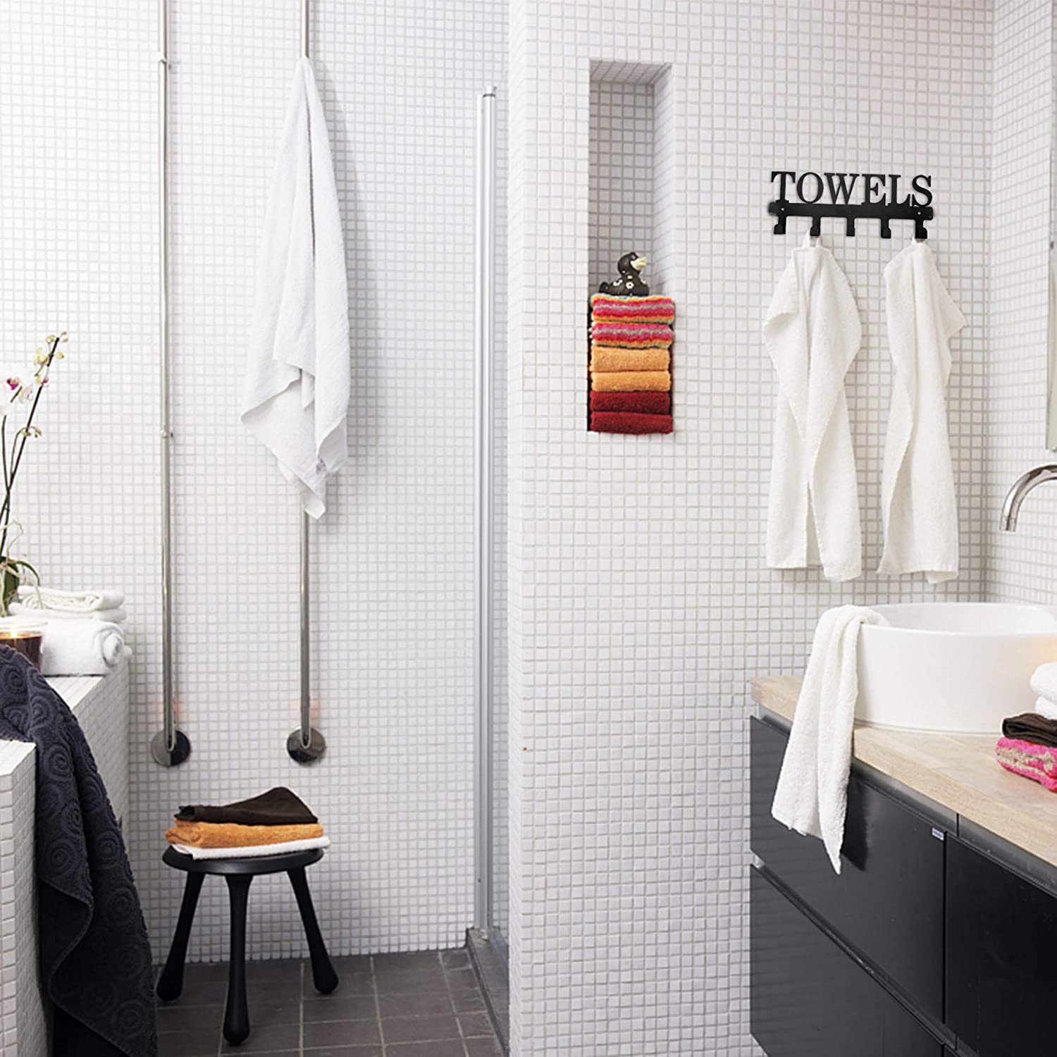 Sturdy Black Metal Wall Mounted Towel Rack with 5 Hooks - Space Saving Coat & Key Holder for Bathroom, Bedroom, Entryway & Dorm - Perfect for Hanging Towels, Bags, Coats & Accessories
