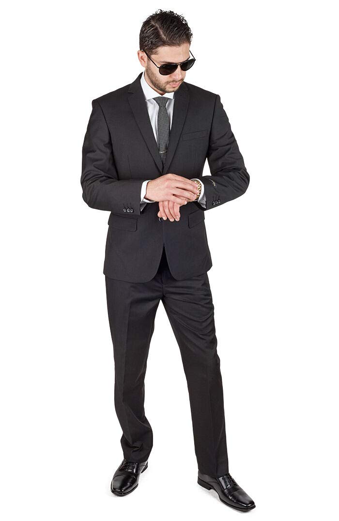 Azar Men's Slim Fit Solid Black 2-Button Notch Lapel Suit with Flat Front Pants | Formal Business Attire for Weddings, Interviews & Office Wear