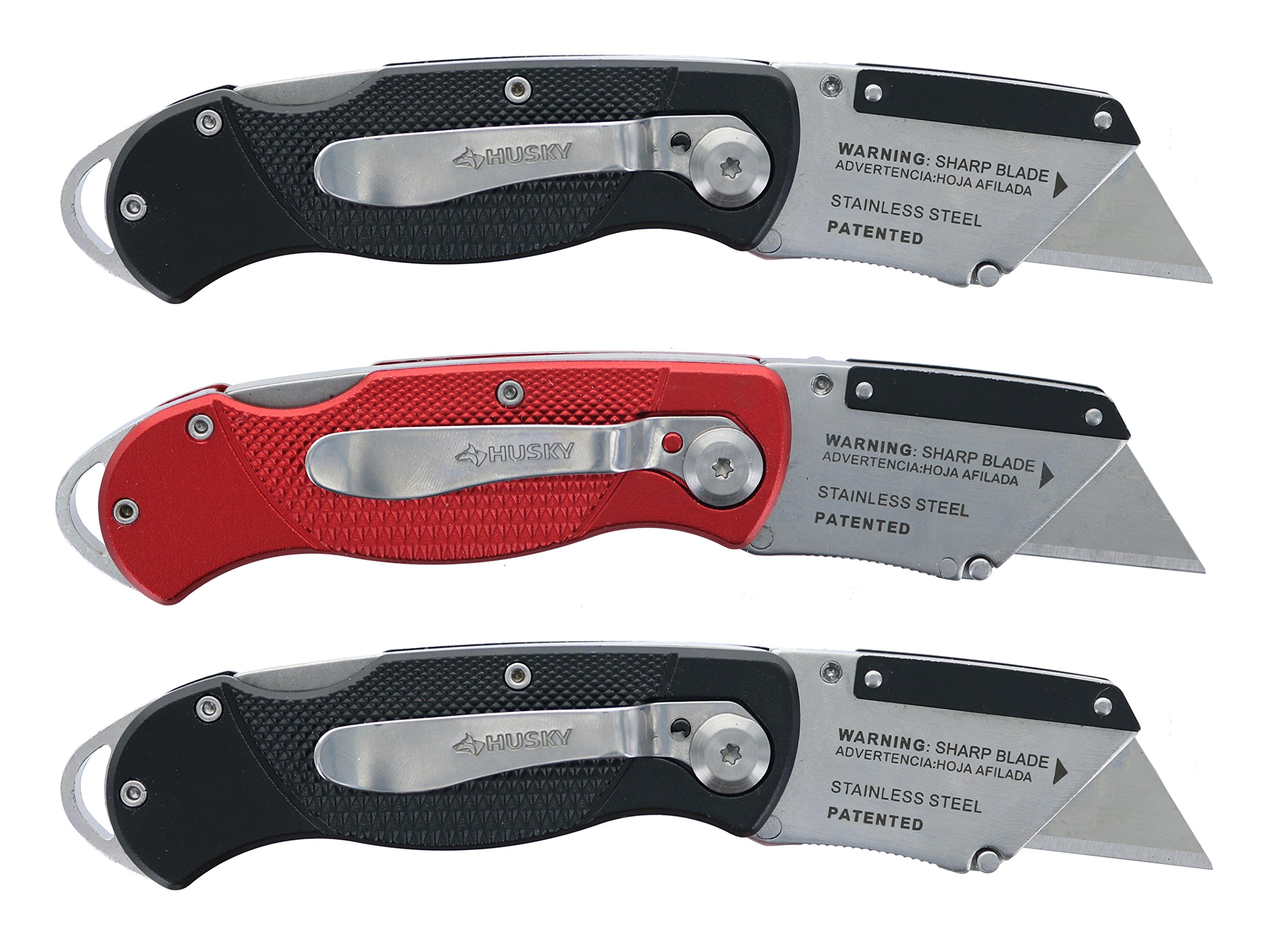 Husky Folding Utility Knife 3-Pack - Heavy Duty Lock Back Pocket Knives with Sure-Grip Handle & Blades Included - Perfect for Construction, DIY Projects, and Outdoor Activities (Colors May Vary)