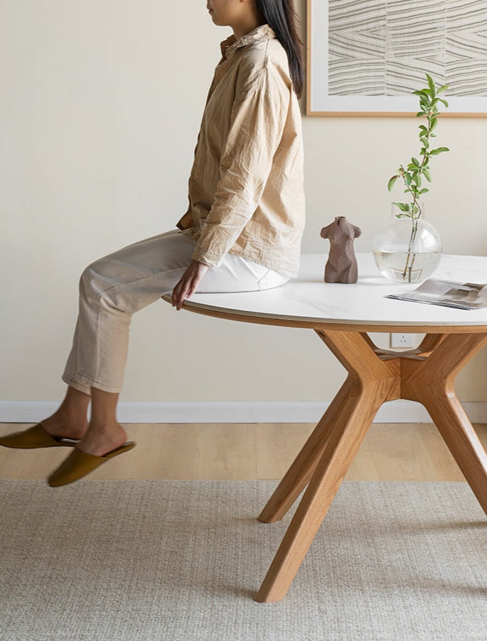 Solid Oak Wood Round Nordic Dining Table with Rock Slab Surface - Modern Farmhouse Kitchen & Dining Room Furniture for Family Gatherings