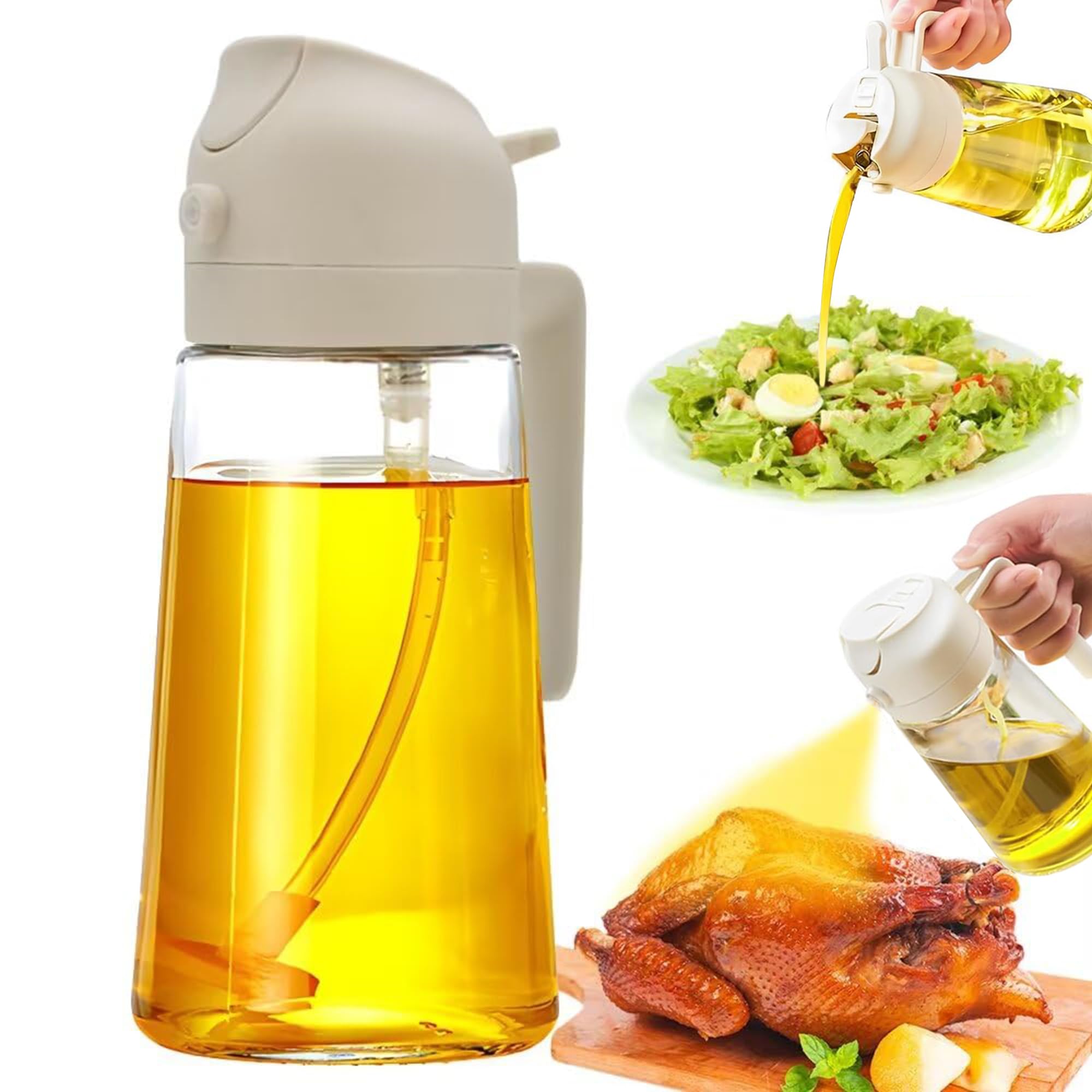 Premium 2-in-1 Glass Oil Dispenser & Sprayer - 470ml Kitchen Oil Bottle for Olive Oil, Vinegar & Cooking Spray - Perfect for Salad Dressing, Baking, Frying, BBQ & Healthy Cooking - Elegant White Design
