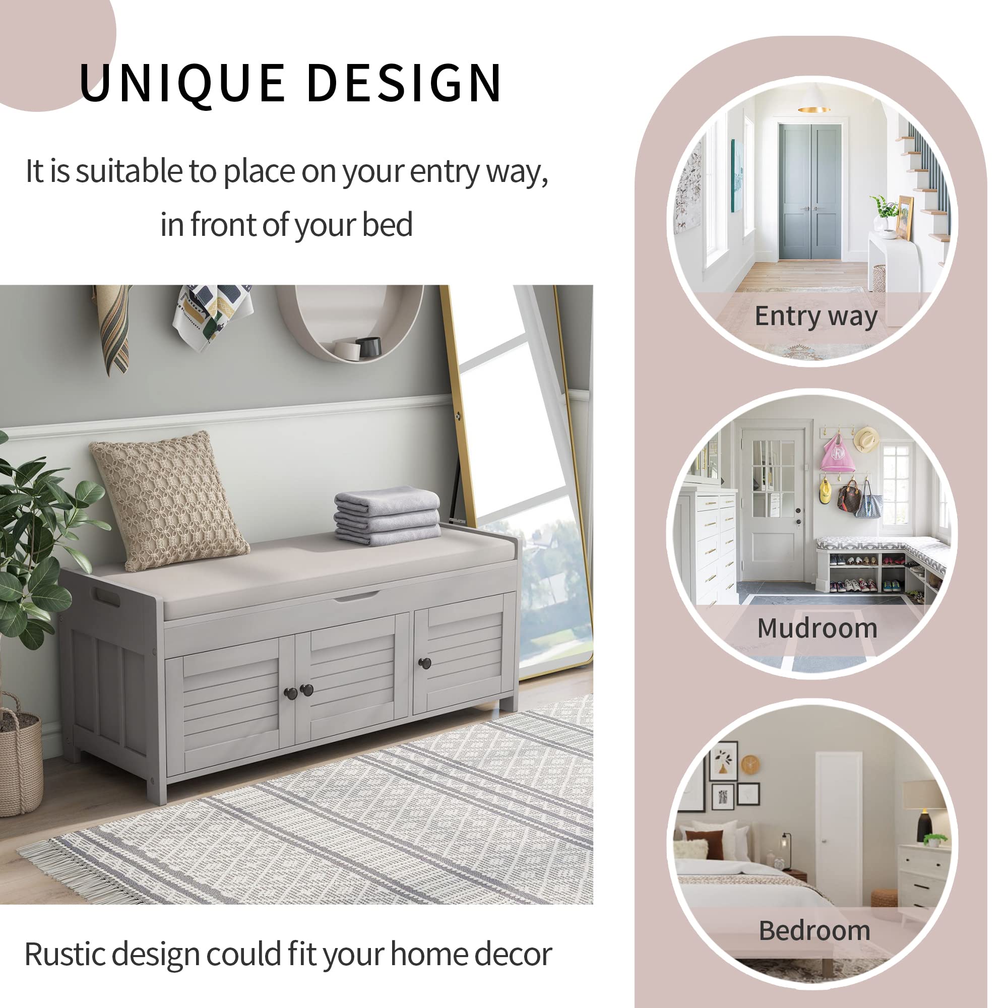 Merax 3 Shutter-Shaped Door Shoe Bench with Removable Cushion & Hidden Storage Cabinet - Gray Wash | Entryway Organizer for Shoes, Hats & Accessories | Perfect for Hallway, Mudroom or Bedroom Storage Solution