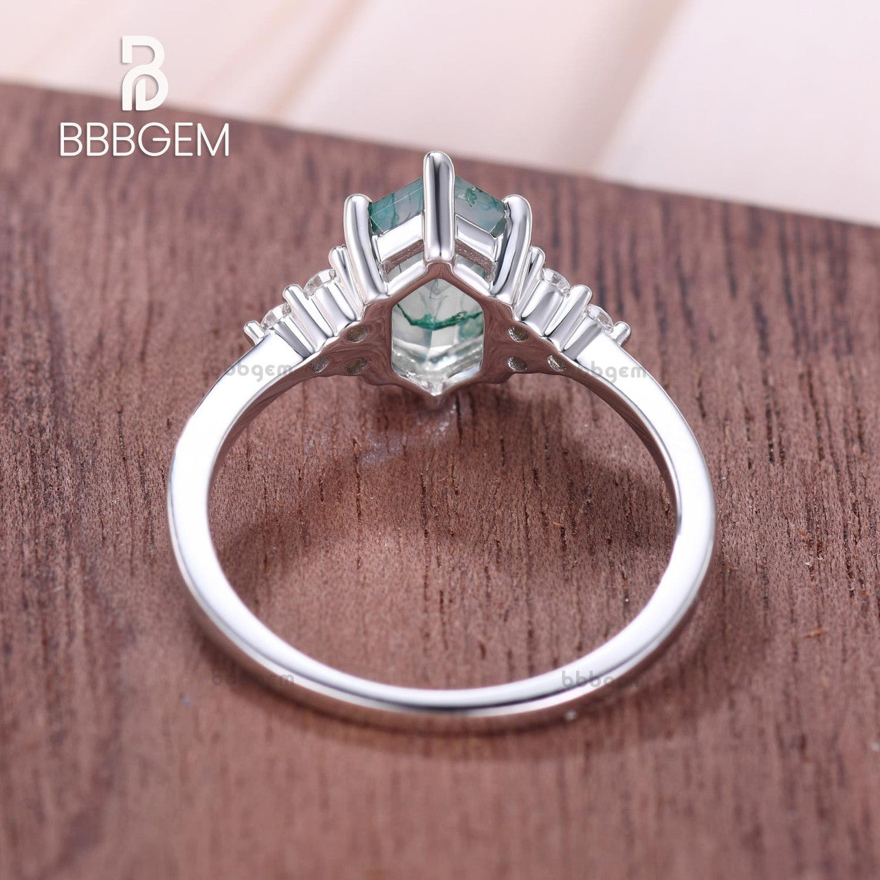 Long Hexagon Cut Moss Agate Engagement Ring with Cluster Diamond Accents - Green Crystal Elongated White Gold Wedding Band for Women | Perfect for Proposals, Anniversaries & Romantic Occasions