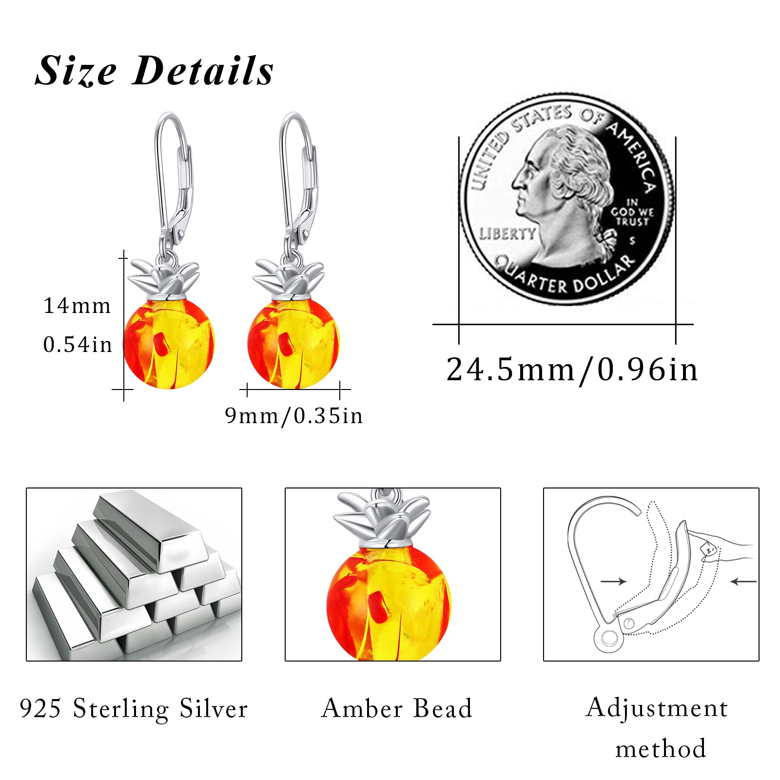 925 Sterling Silver Pineapple Dangle Earrings for Women | Hypoallergenic Summer Beach Jewelry | Amber Fruit Fashion Earrings | Perfect Gift for Vacation, Pool Party & Tropical Outfits