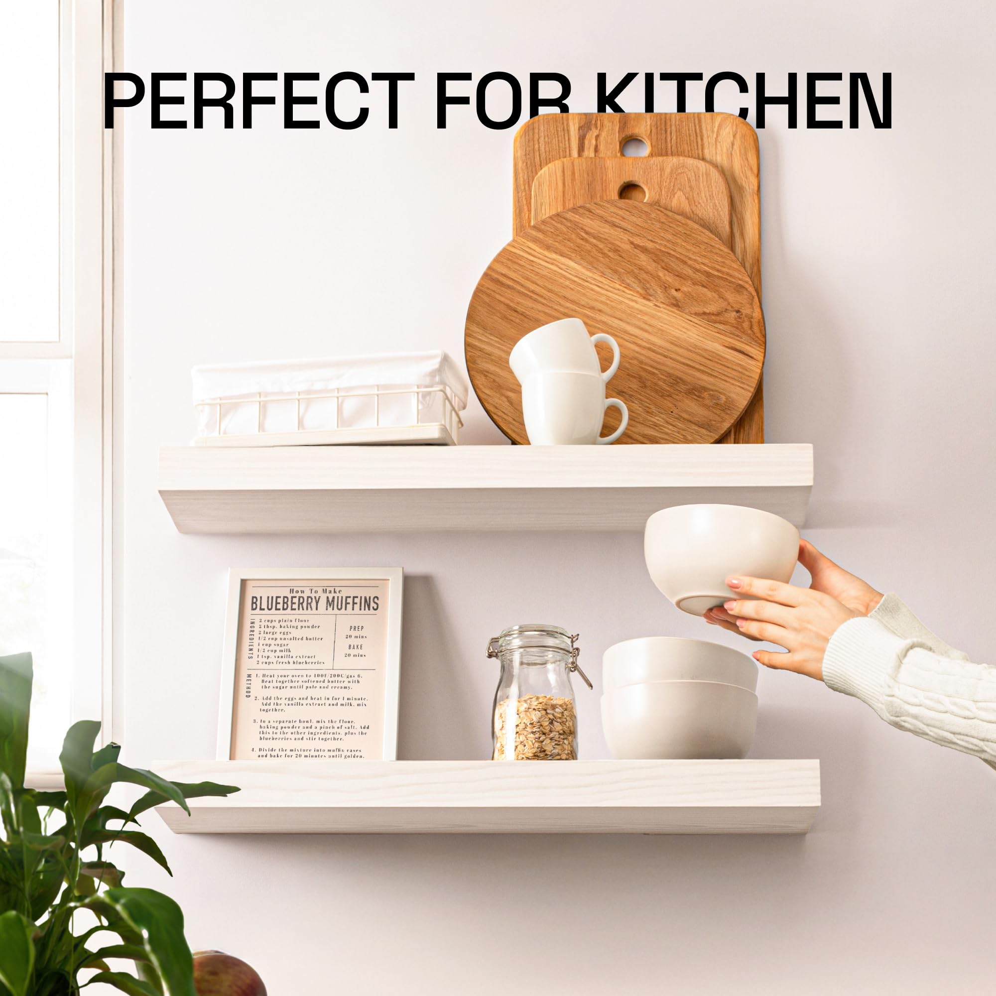 BAOBAB WORKSHOP 24 Inch Floating Shelves Set of 2 - White Wood Wall Mounted Shelves for Bathroom, Kitchen, Living Room & Bedroom - 24 x 6.7 Inch Rustic Home Decor Storage Solution