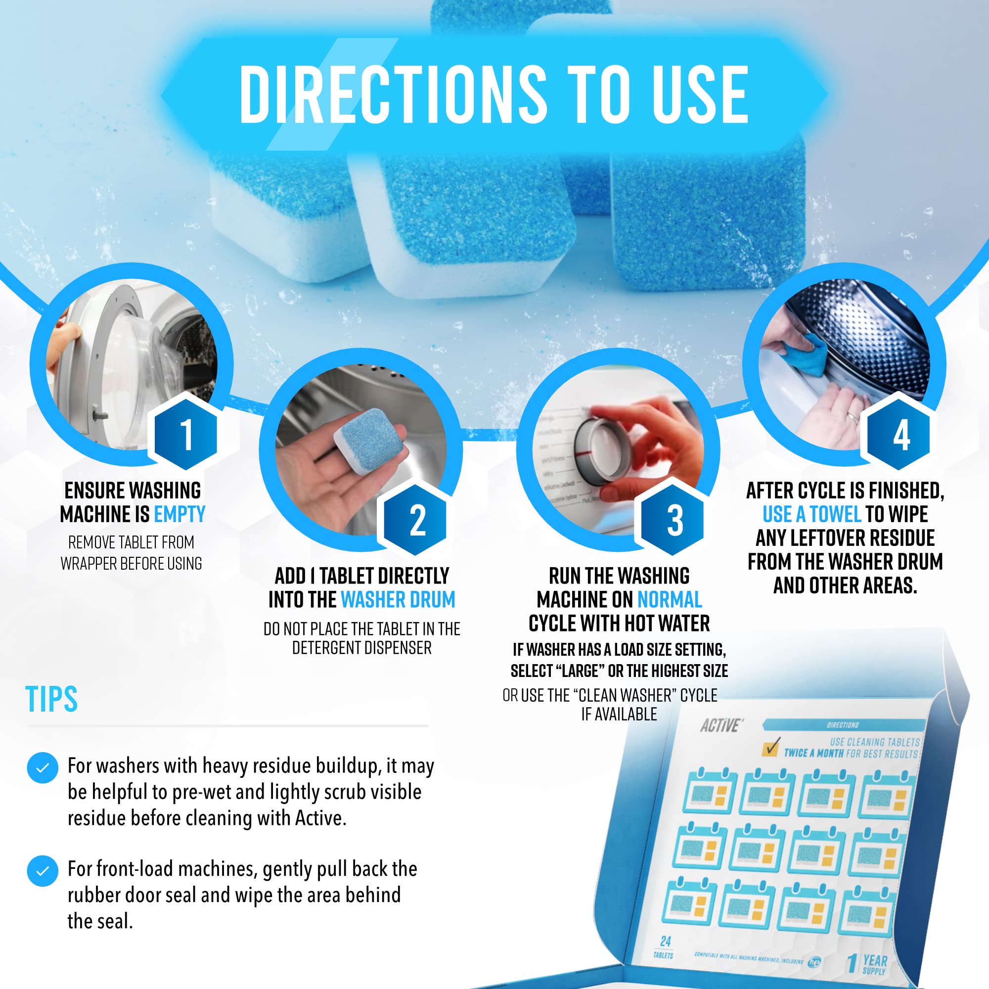 ACTIVE Washing Machine Cleaner Descaler Tablets - 24 Pack | Deep Cleaning for HE Front Load & Top Load Washers | Removes Odor, Mold & Residue | Safe for All Machines | Perfect for Monthly Maintenance & Laundry Refresh