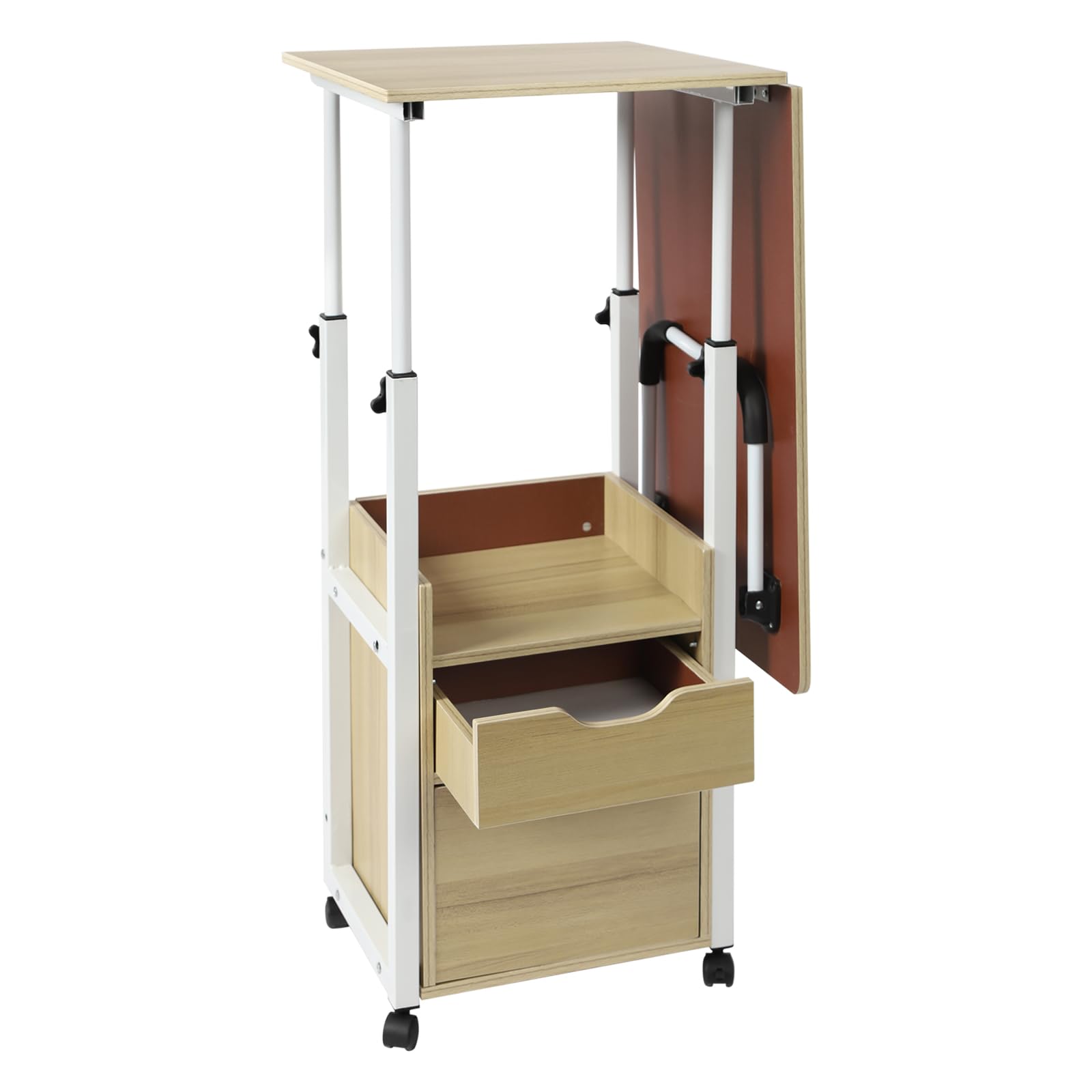 Adjustable Height Freestanding Overbed Table with Wheels & Drawers - Foldable Mobile Laptop Desk for Bedroom, Hospital, or Office Use - Rolling Computer Workstation for Small Spaces & Home Nursing Care