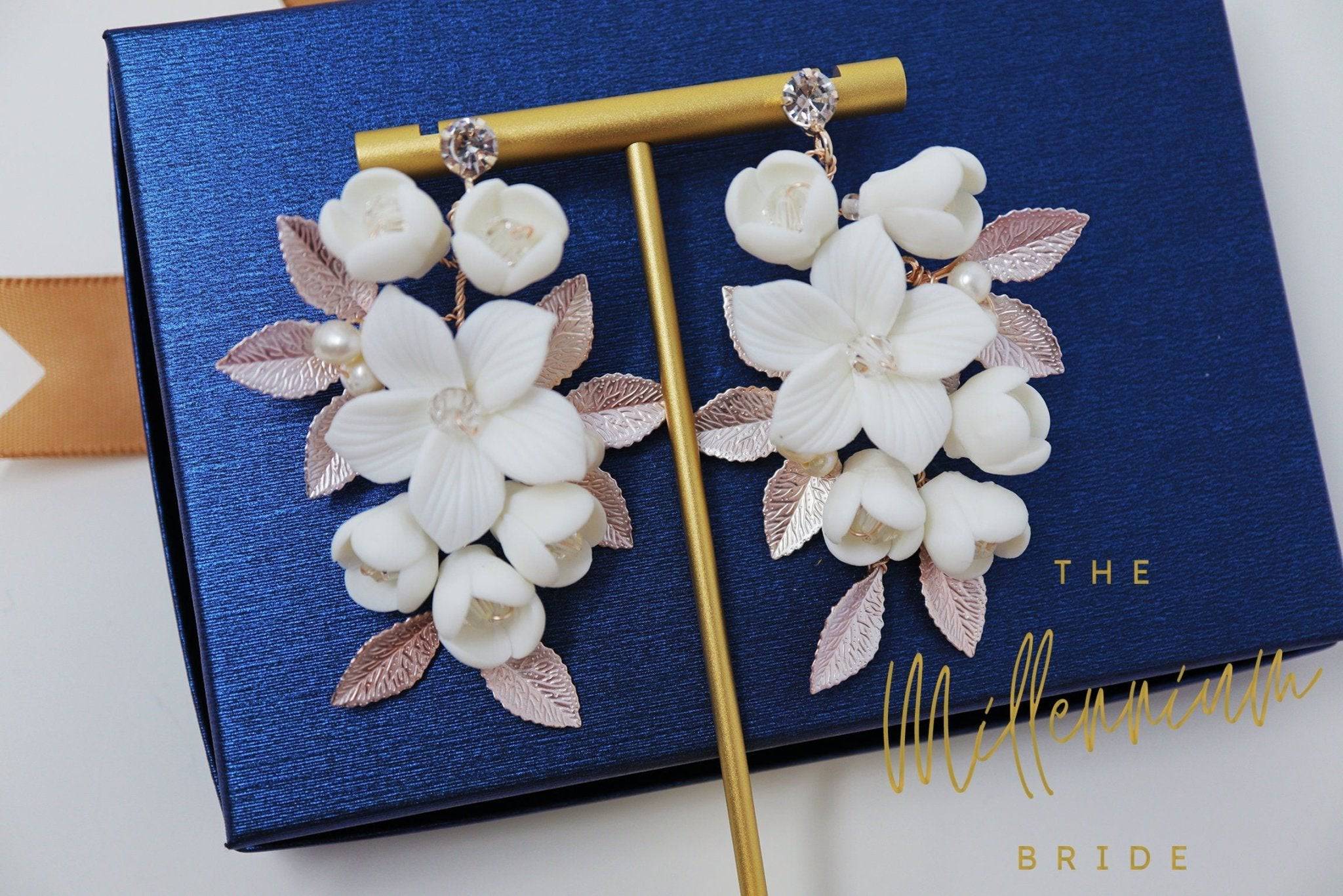 Swarovski Crystal White Flower Petals Bridal Earrings - Elegant Ceramic Statement Jewelry for Weddings, Prom & Special Occasions
