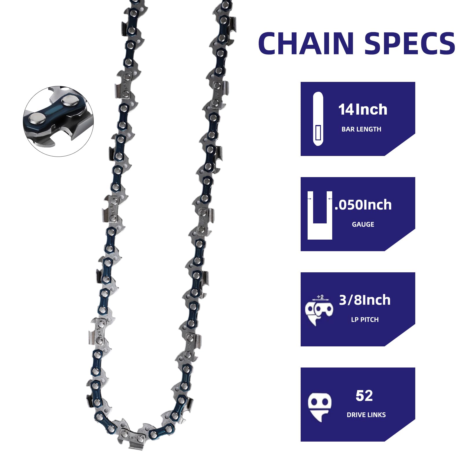 5 Pack 14 Inch Chainsaw Chain - 52 Drive Links .050
