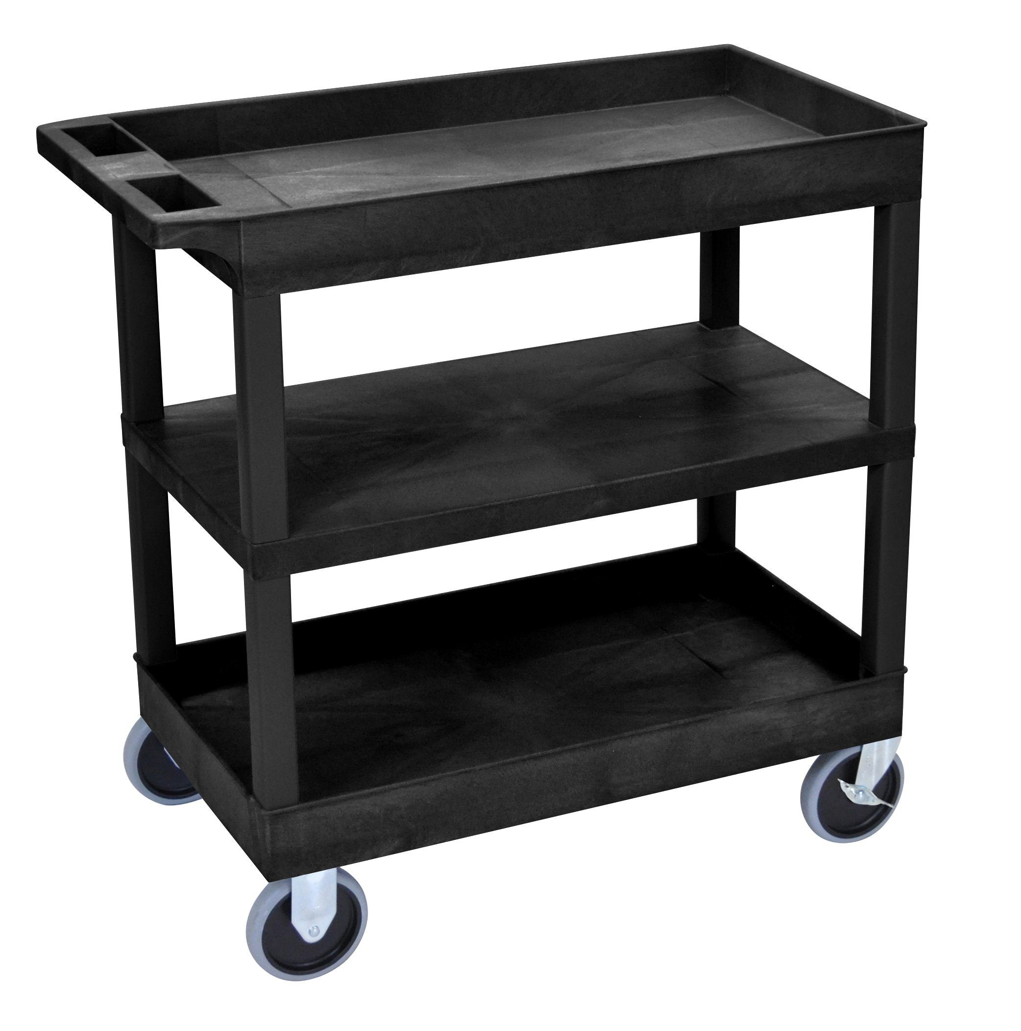 Luxor Black EC121HD 18x32 Utility Cart with 2 Tub Shelves & 1 Flat Shelf - Heavy Duty Rolling Cart for Kitchen, Office, or Warehouse Storage & Organization