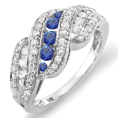 Dazzlingrock Collection 14K Solid White Gold Round White Diamond & Blue Sapphire Women's Cocktail Ring - Elegant Right Hand Ring for Parties, Weddings & Special Occasions