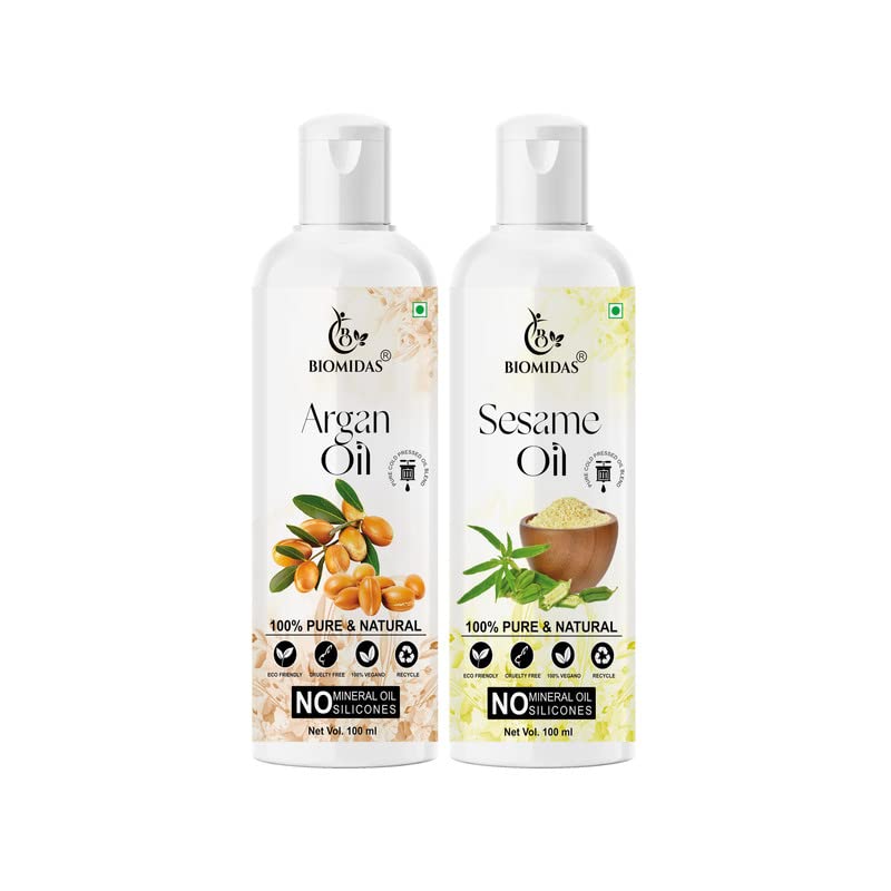 Biomidas 100% Pure Argan Oil & Sesame Oil Combo (100ML Each) for Hair Growth, Anti-Hair Fall, Split Ends Repair - Softens & Shines Hair - Pack of 2 - Perfect for Daily Hair Care & Scalp Treatment