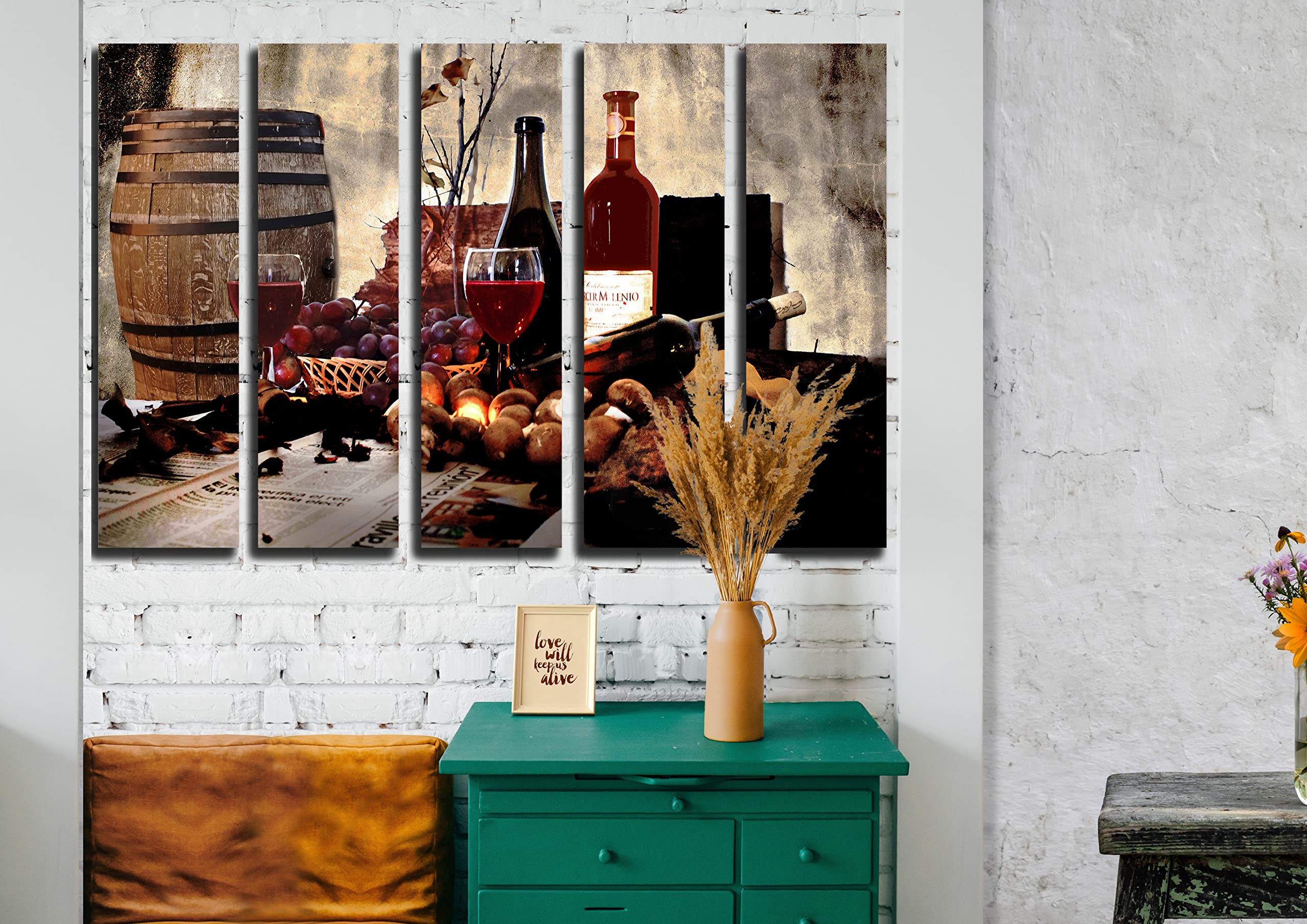 5-Piece Red Wine Barrel Wall Art Canvas Painting Set - Large 35x55 Inch Kitchen & Dining Room Decor - Rustic Wine Theme Poster Prints for Home Bar, Restaurant & Living Room Wall Decoration