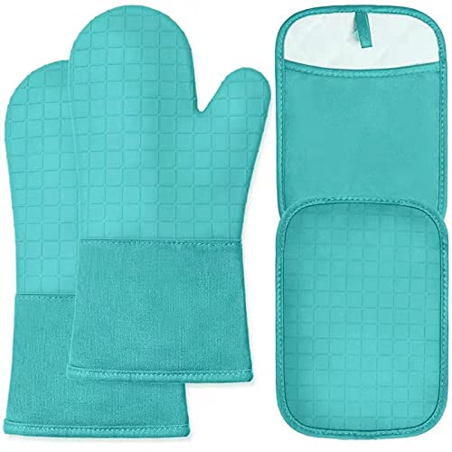 HOMWE Heat-Resistant Silicone Oven Mitts & Pot Holders Set of 4 - Heavy Duty Non-Slip Textured Grip for Kitchen Baking Cooking - Perfect for Grilling, Roasting, and Handling Hot Pans Safely