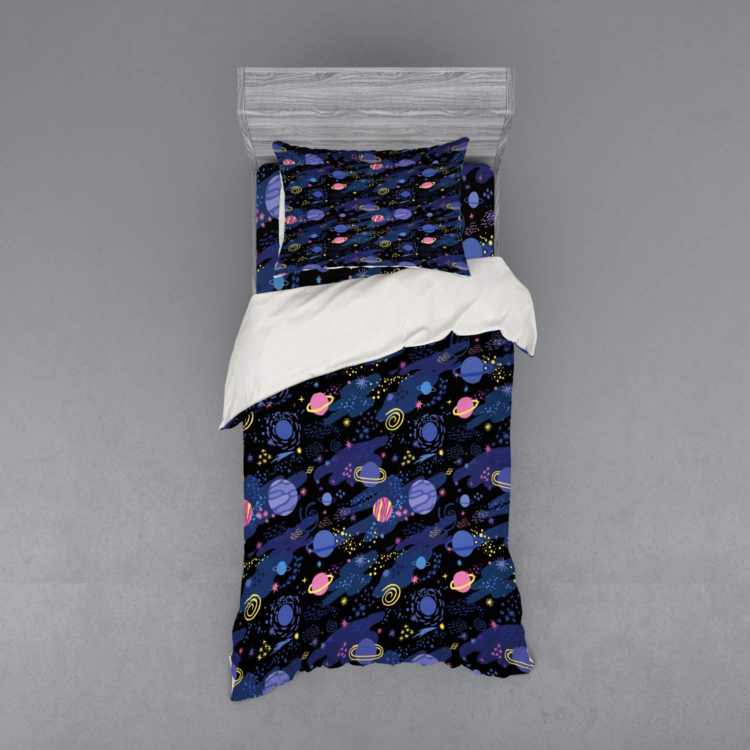Ambesonne Galaxy Duvet Cover Set - Outer Space Planets Cosmic Journey Milky Way Zodiac Moon Doodle - 3 Piece Bedding Set with Pillow Sham & Fitted Sheet - Twin XL Size - Dark Blue & Pink - Perfect for Kids Room, Teen Bedroom & Space Themed Decor
