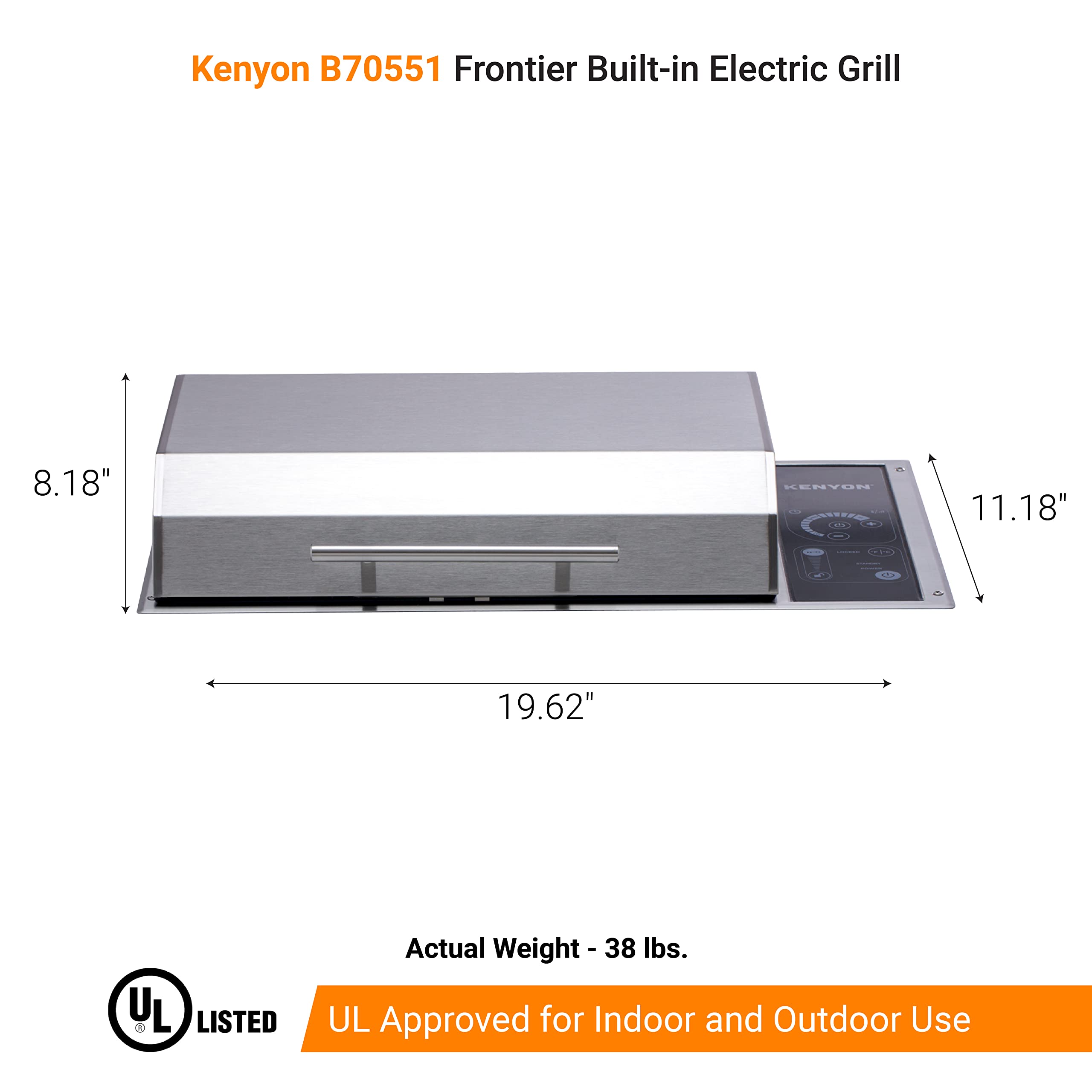 Kenyon Frontier Built-in Electric Grill - Single Burner with IntelliKEN Touch Control, Stainless Steel Rust-Proof Design, UL-Approved for Indoor/Outdoor Use, Dishwasher Safe Grate (240V) - Perfect for Patio BBQs, Outdoor Kitchens & Small Space Cooking