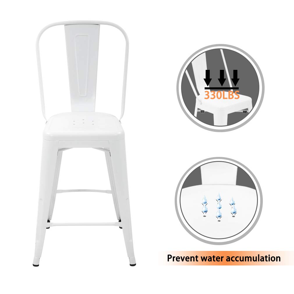 24 Inch Metal Bar Stool Set of 4 - Counter Height Backrest Barstools in White for Kitchen Island, Breakfast Nook & Home Bar - Durable & Comfortable Dining Stools