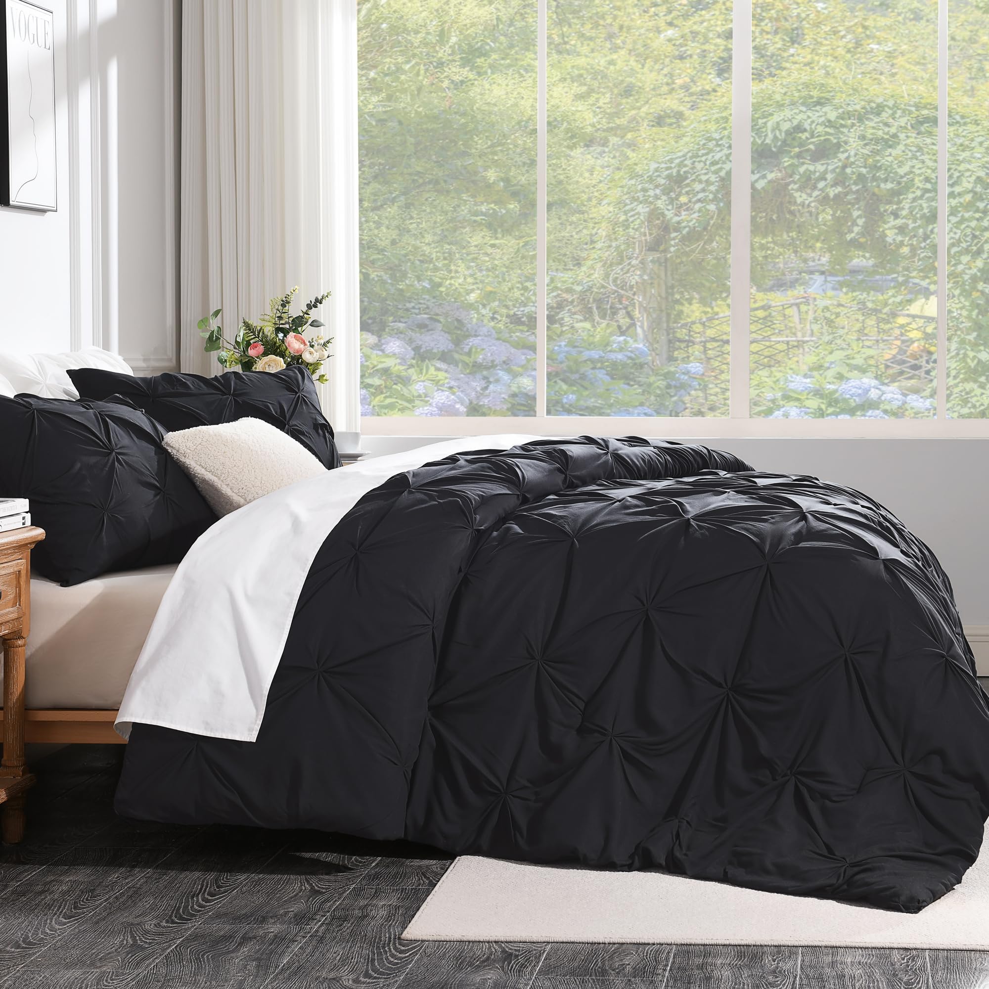 Andency Black Pinch Pleat Comforter Twin Set (66x90 Inch) - 2 Piece Microfiber All Season Down Alternative Bedding with Pintuck Design & Pillowcase - Perfect for Guest Rooms, Dormitories & Cozy Bedroom Decor