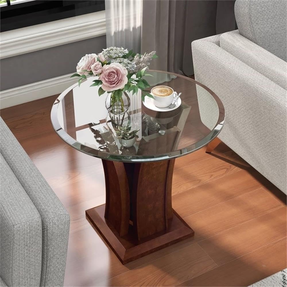 BOWERY HILL Modern End Table - Solid Wood, Wood Veneer & MDF with Glass Top in Cherry Finish | Perfect for Living Room, Bedroom or Office Decor