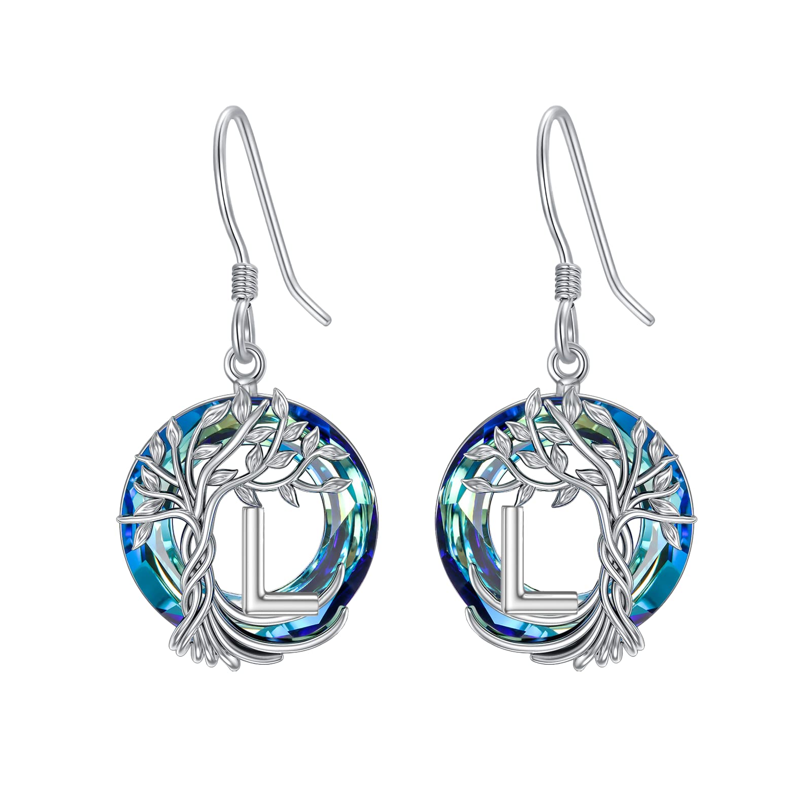 TOUPOP Tree of Life Initial Earrings 925 Sterling Silver A-Z Letter Drop Dangle Earrings with Blue Circle Crystal - Valentine's Day, Anniversary, Birthday Gifts for Women, Girlfriend, Mom - Perfect for Romantic Occasions, Special Celebrations & Everyday Elegance
