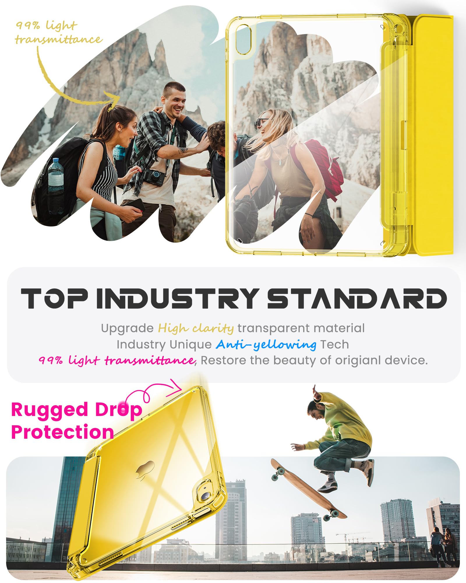 INFILAND Compatible with iPad 10th Generation 2022 Case - 10.9 Inch iPad Pro/Air Clear Back Cover with Stand & Pencil Holder [Anti-Yellowing] - Light Yellow - Perfect for Work, School & Travel