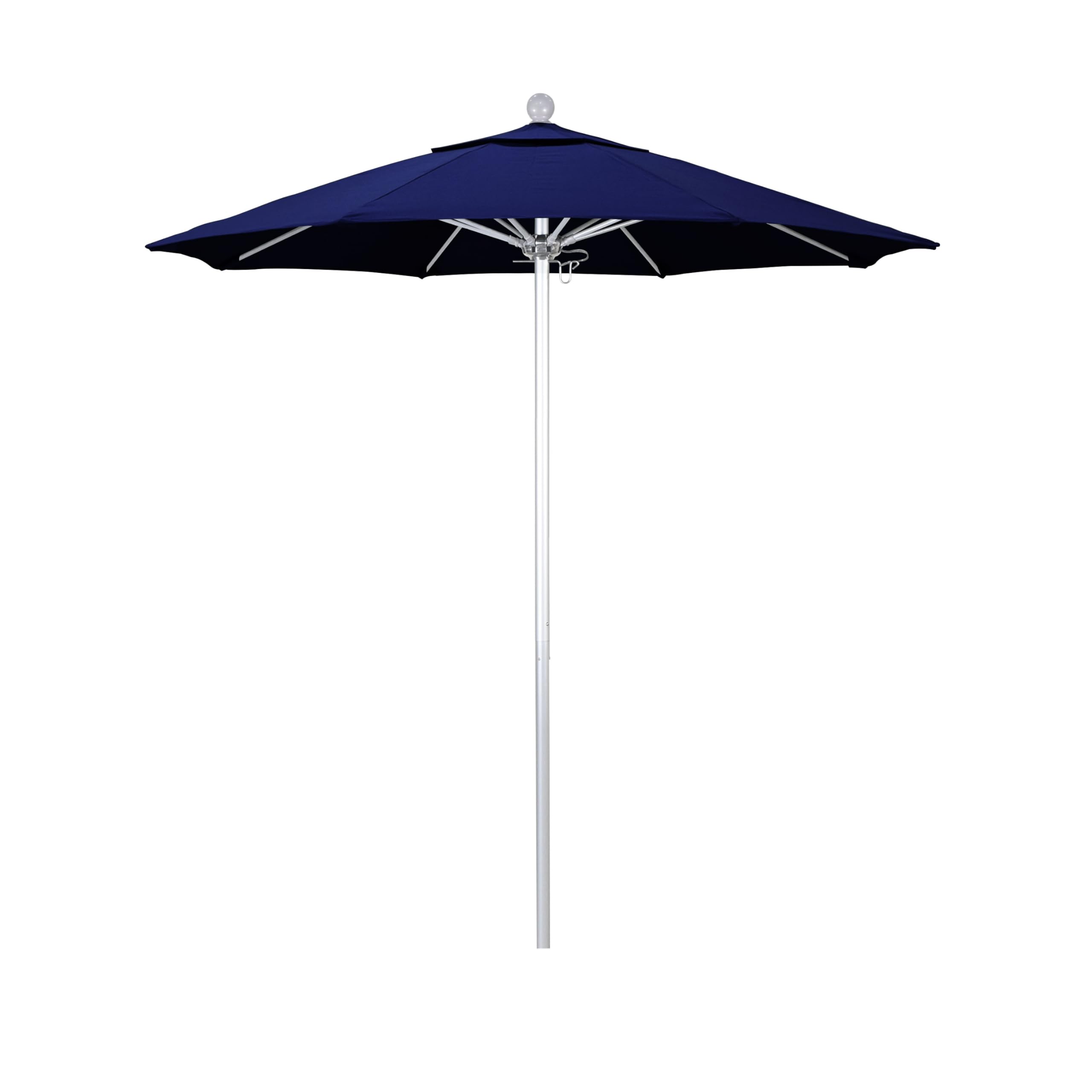 7.5' Round California Venture Series Commercial Patio Umbrella - Push Button Open with Pin Stop - Silver Aluminum Frame & Sunbrella True Blue Fabric - Perfect for Outdoor Dining, Poolside Lounging & Backyard Shade