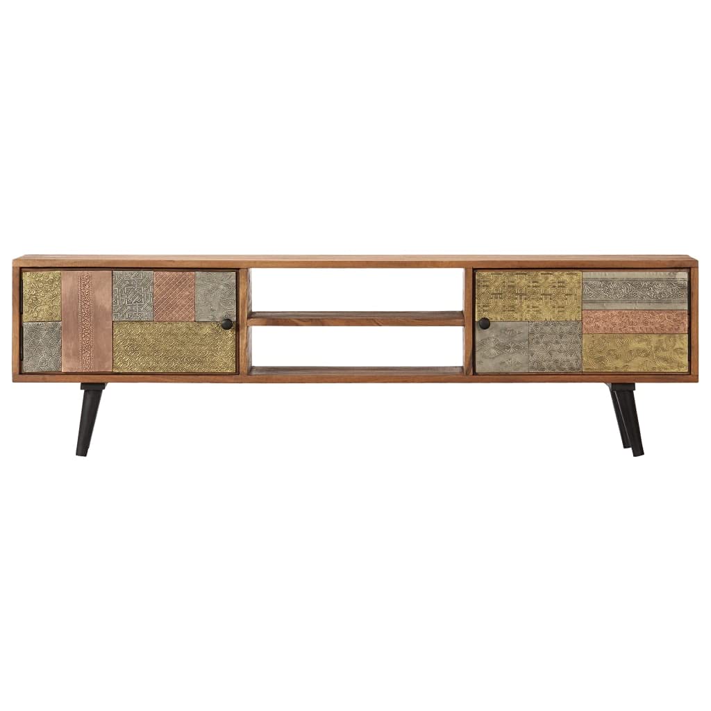 Modern Farmhouse TV Stand with 2 Cupboards & Open Shelf - 55 Inch Solid Acacia Wood Entertainment Center for Living Room (55