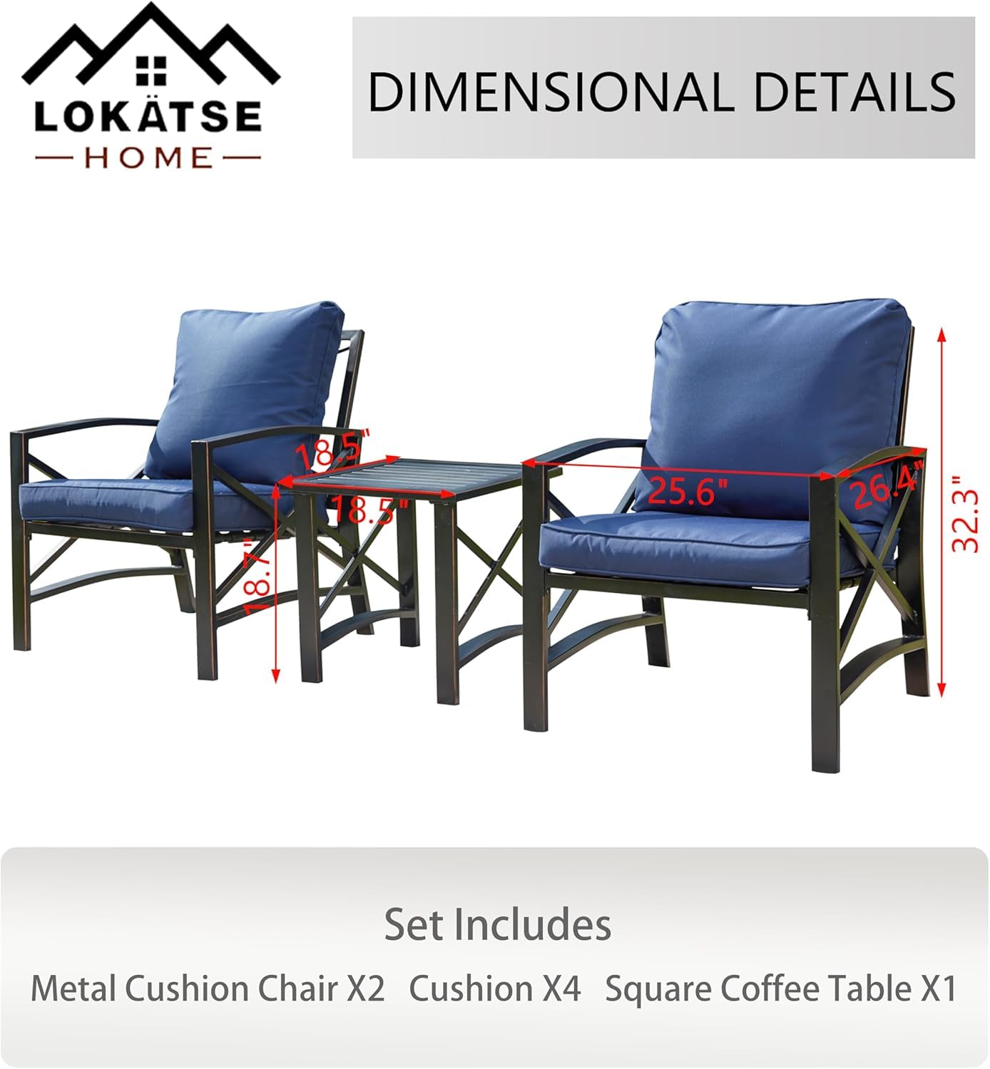 LOKATSE HOME 3-Piece Outdoor Patio Furniture Set - Metal Bistro Chairs with Cushions & Table in Blue | Perfect for Garden, Backyard, Poolside & Balcony Relaxation