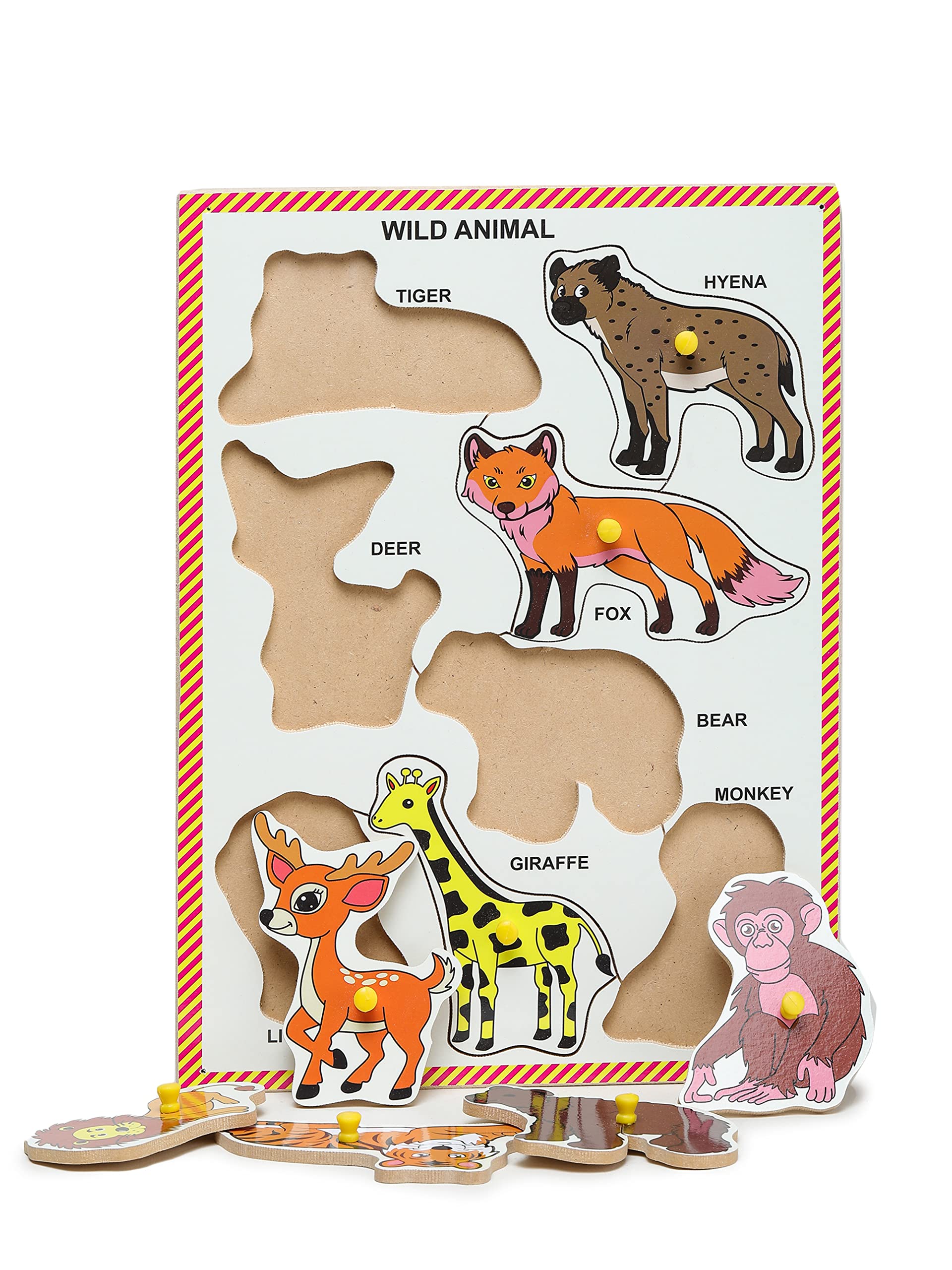 Premium Wooden Peg Puzzle for Toddlers - Wild Animals Learning Board with Knobs, Educational Toy for Kids Ages 2+ (9x12 Inch) | Perfect for Early Childhood Development, Montessori Classroom & Homeschooling Activities