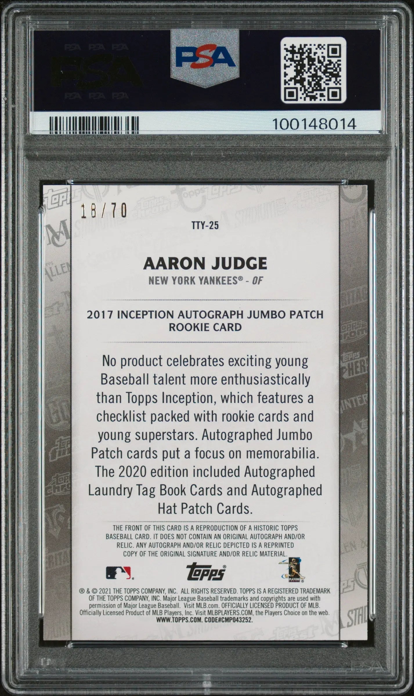 2021 Topps Through The Years Platinum Anniversary Aaron Judge PSA 10 /70 - Rare Baseball Card for Collectors & Investors - Perfect for Display, Trading, and Portfolio Diversification
