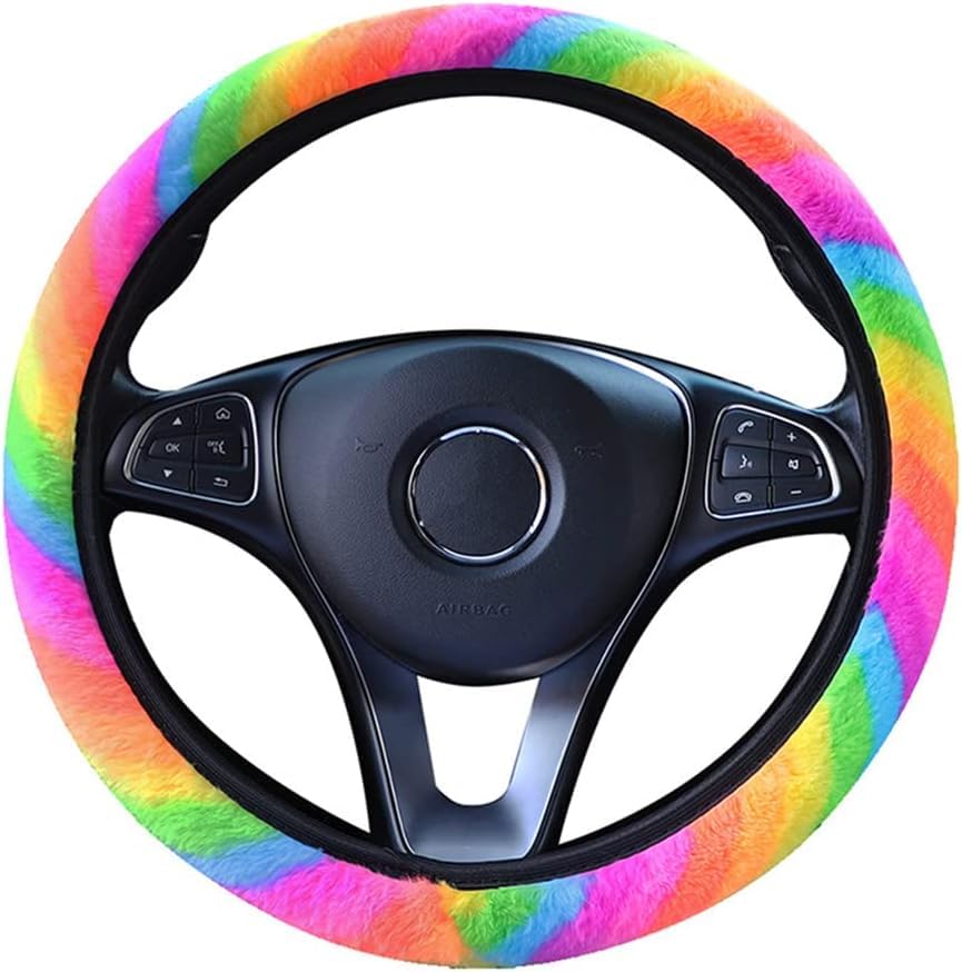 **Rainbow Plush Steering Wheel Cover - Soft Fuzzy Candy Color Elastic Universal Fit for 15 Inch Wheels - Perfect for Cars, Trucks & SUVs - Adds Comfort & Style**