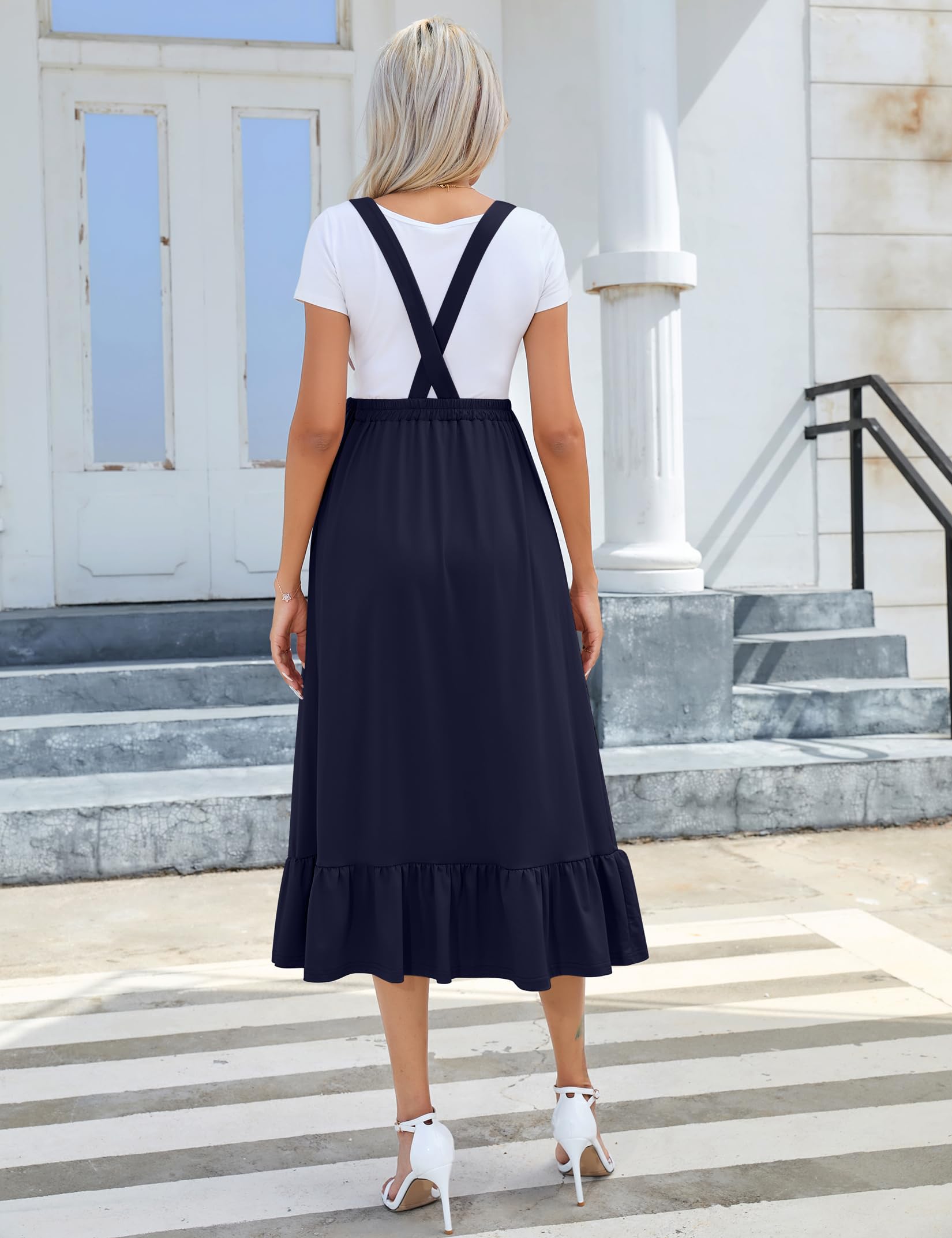 KOJOOIN Women's Maternity Maxi Skirt - High Waisted Flowy Ruffle Suspender Long Skirt for Pregnancy, Casual Fall Dress in Navy Blue | Perfect for Maternity Photos, Baby Showers & Everyday Comfort
