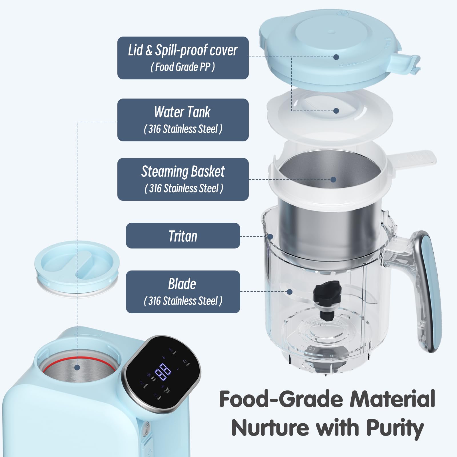 **Chefhandy Baby Food Maker with Steam Basket - Auto Cooking & Grinding, One-Step Baby Food Steamer & Puree Blender - Touch Screen Control (Blue) | Perfect for Homemade Baby Puree, Toddler Meals & Healthy Snacks**
