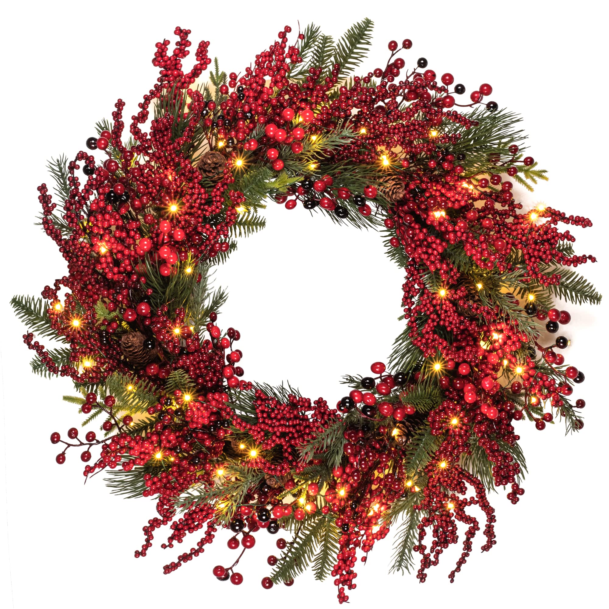 26-Inch Christmas Wreath with LED Lights & Timer - Red Berry Holiday Decor for Front Door, Window, Fireplace Mantel | Indoor/Outdoor Xmas Decoration | Perfect for Winter Home & Office Decorating