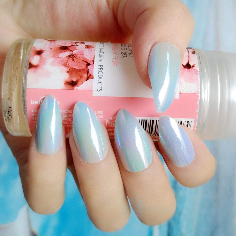 HUJL 24pcs Chameleon Short Acrylic False Nails - Mirror High Heels Holographic Blue Sky Press on Nails for DIY Manicure | Full Coverage Artificial Nails for Women | Perfect for Parties, Weddings & Everyday Wear