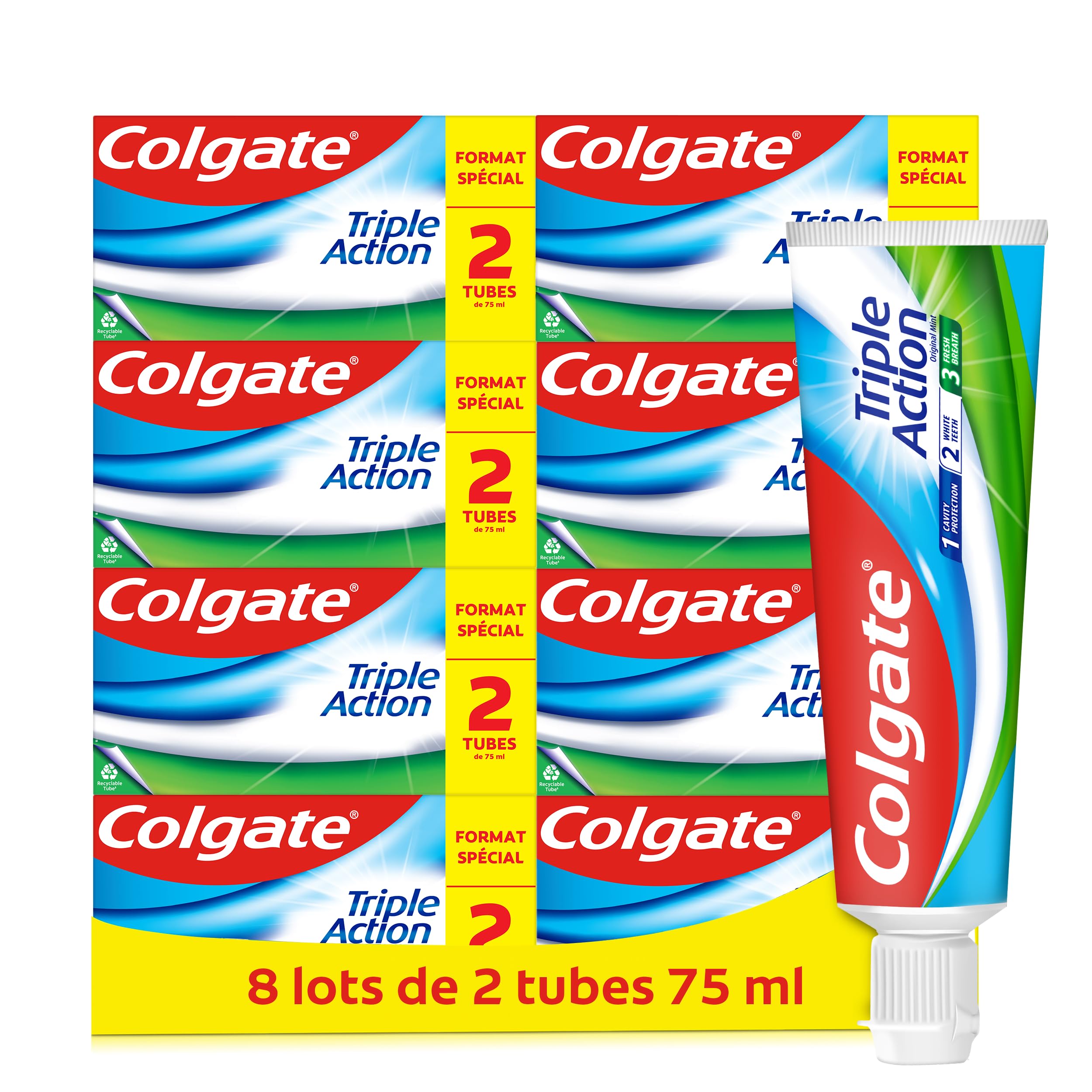Colgate Triple Action Toothpaste with Fluoride - Cavity Protection & Teeth Whitening | Fresh Breath for 12 Hours | Family Size Twin Pack (2x75mL) | Ideal for Daily Oral Care & Morning Routine