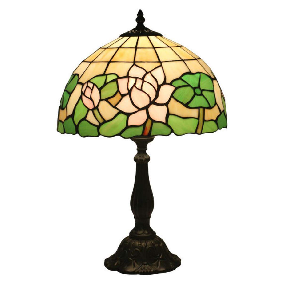 Tiffany Style Stained Glass Table Lamp - Pink Lotus & Green Leaves Design, 19.3 Inch Tall Resin Base Bedside Lamp for Living Room, Bedroom, Office, or Reading Nook - Perfect for Home Decor, Ambient Lighting & Relaxation