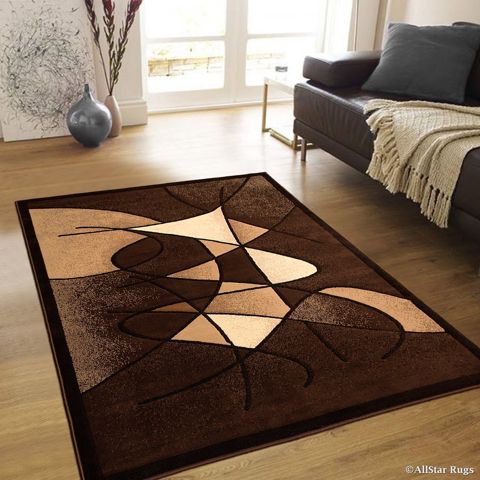 Allstar 8x10 Chocolate and Mocha Modern Machine Carved Area Rug - Espresso & Ivory Abstract Design Runner (7'9