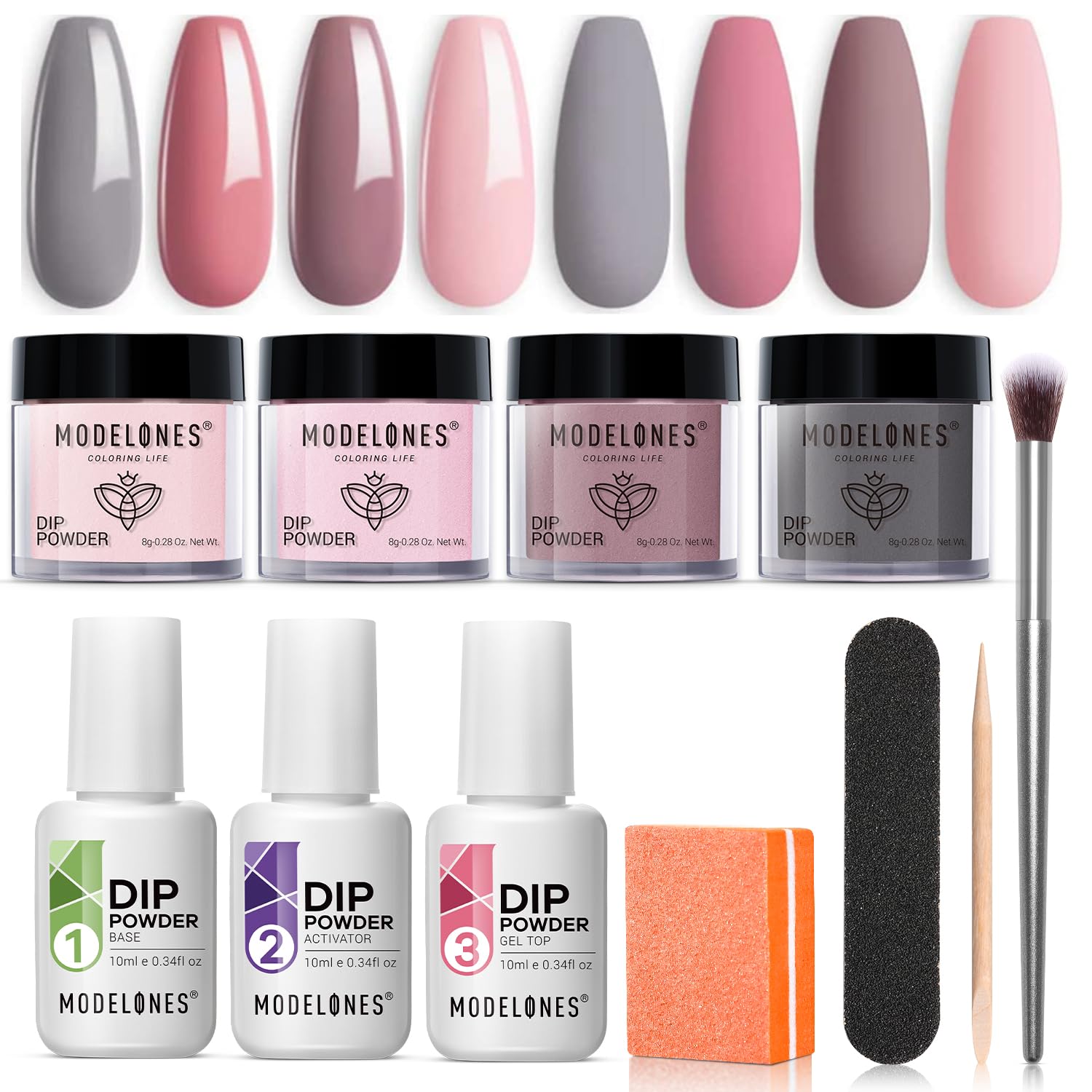Modelones Dip Powder Nail Kit Starter - 4 Colors Dipping Powder with Base, Top Coat & Activator for DIY Nail Art | Perfect for Beginners & Salon Use at Home