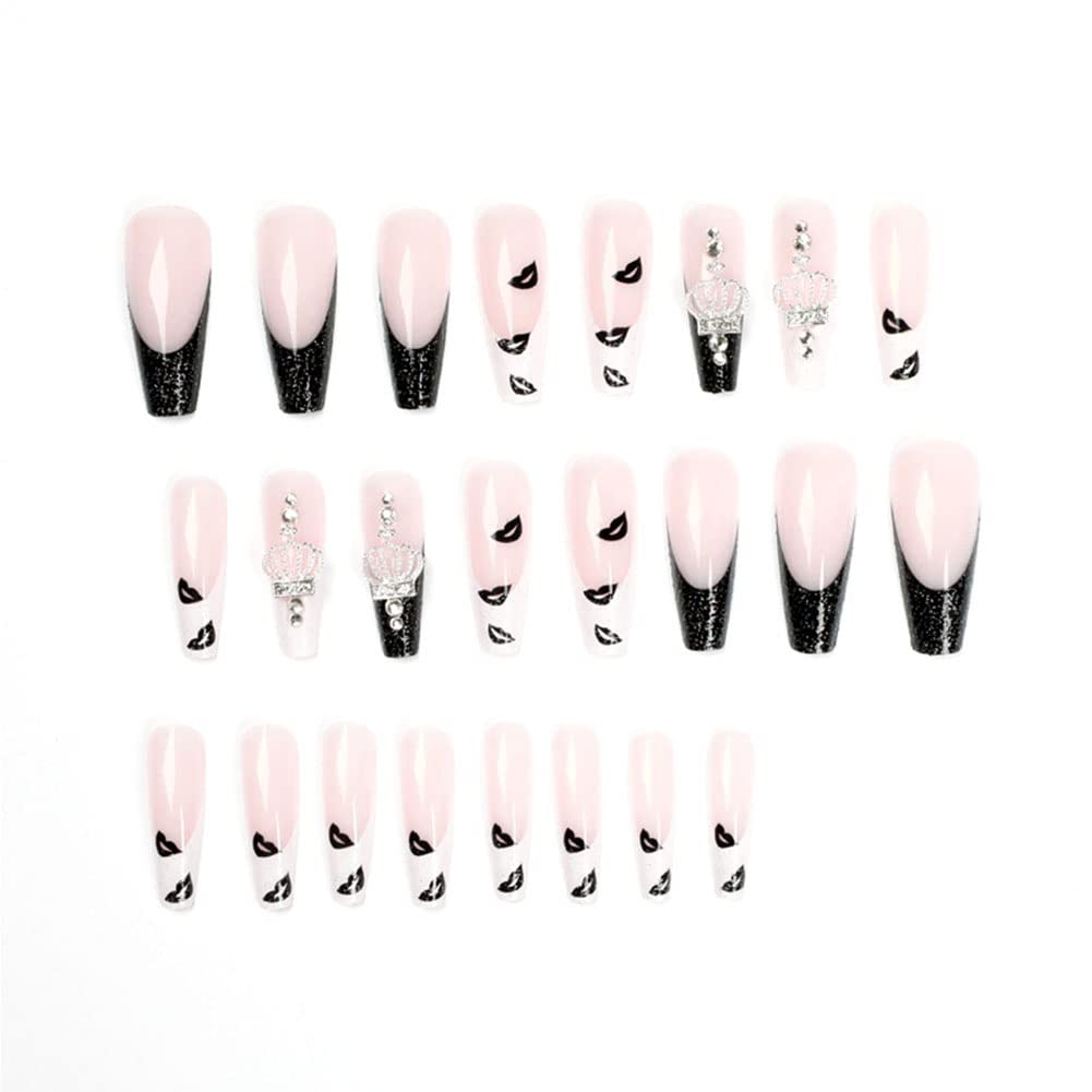 24Pcs Press on Nails - Long Coffin Fake Nails with Glossy Crown Design, Ballerina Clip on Full Cover False Nails for Women & Girls | Perfect for Parties, Weddings, Date Nights & Special Occasions