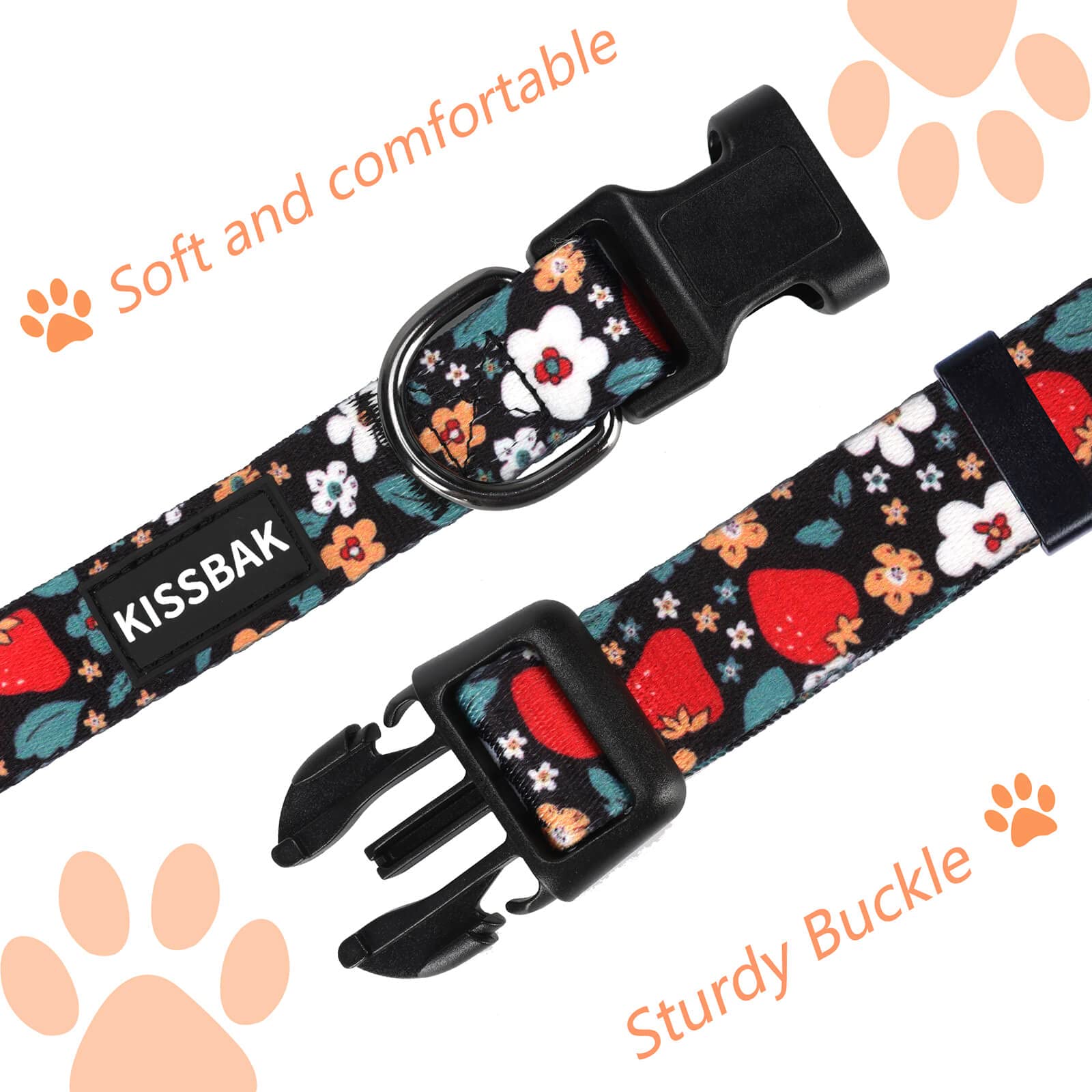 KISSBAK Adjustable Floral Dog Collar for Large Dogs - Soft Cute Strawberry Design Pet Collar for Girl Puppies | Perfect for Daily Walks, Training & Fashion Accessories (Size L)