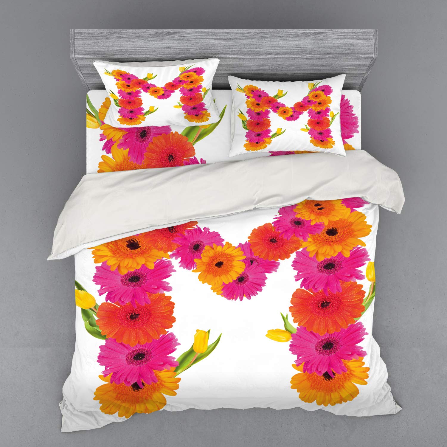Ambesonne King Size 4-Piece Duvet Cover Set - Pink & Orange Floral Design with Gerbera Flowers & Tulips, Includes Shams & Fitted Sheet | Fresh Spring Bedding for Master Bedroom, Guest Room Decor | Hot Pink, Orange & Green Color Scheme