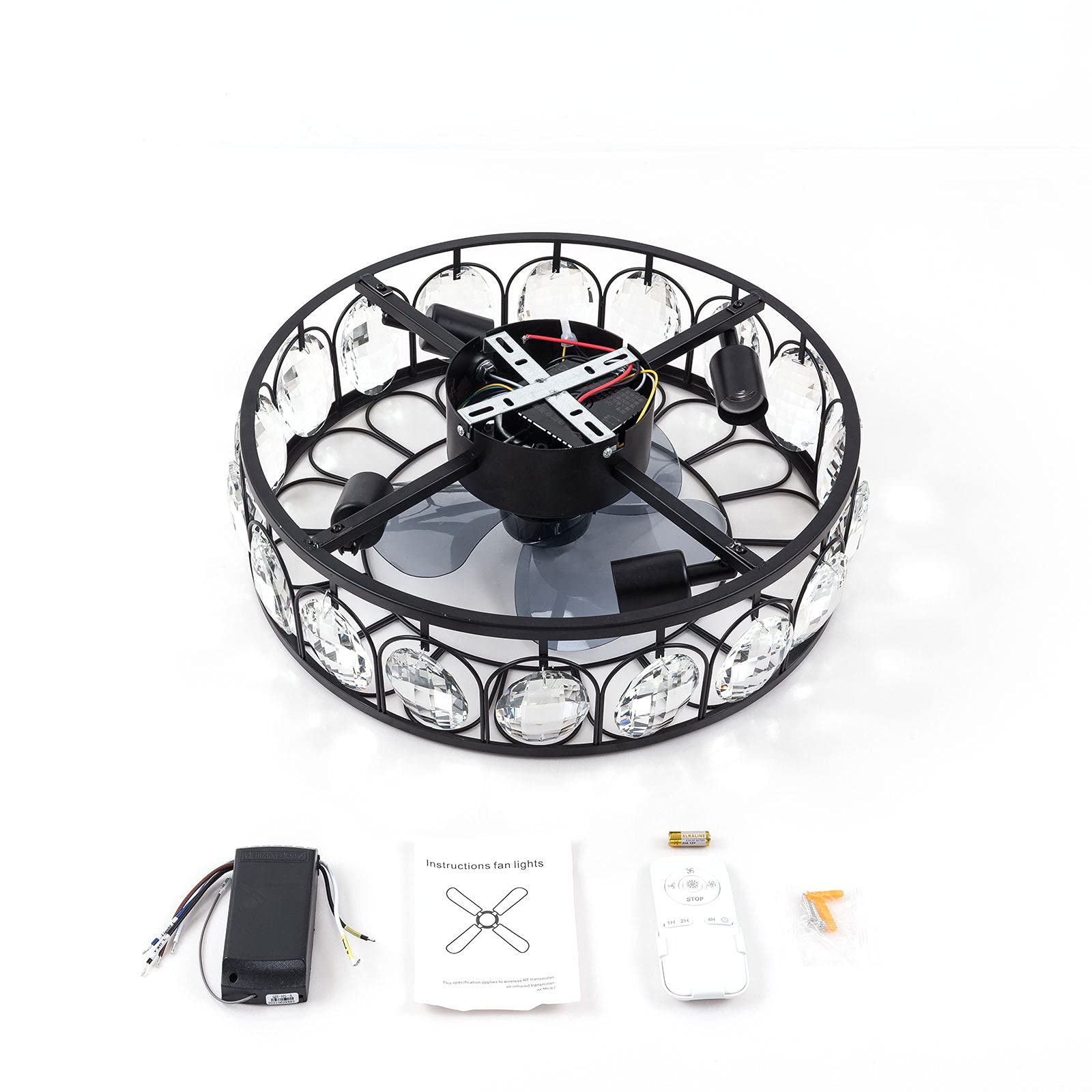 18 Inch Black Iron Modern Crystal Ceiling Fan with Lights - 4 E27 Caged Adjustable 3 Speed Remote Control, Low Profile Flush Mount Chandelier Fan with Quiet Motor - Perfect for Bedroom, Living Room and Dining Room Lighting