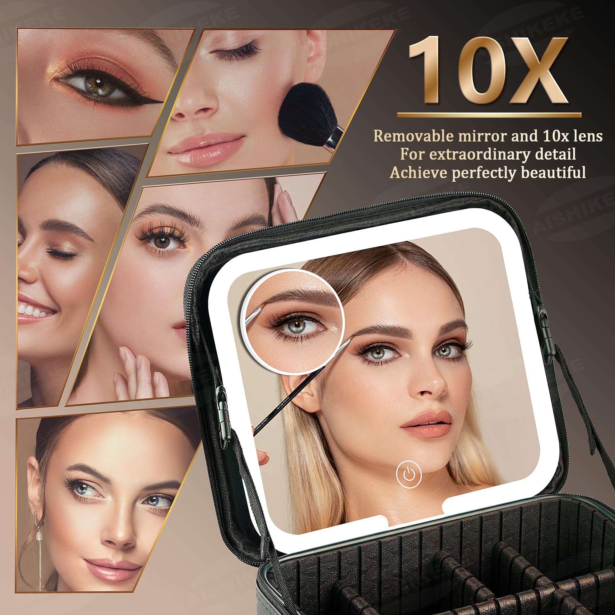 LED Makeup Bag with Mirror - 3 Adjustable Lights & Dividers for Travel & Home