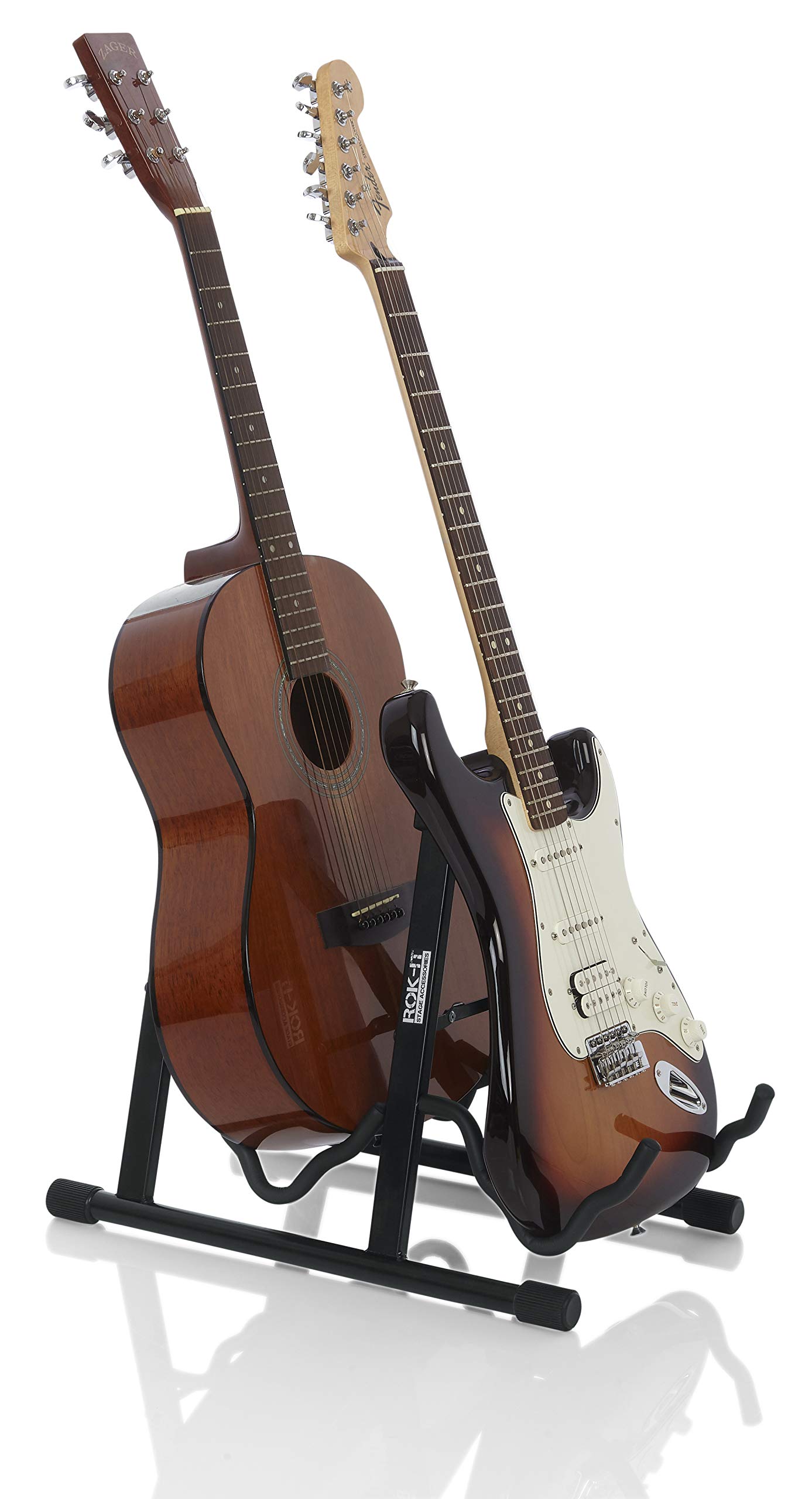 Rok It A-Frame Double Guitar Stand & Amazon Basics Folding Guitar Stand - Holds Most Standard Electric & Acoustic Guitars (RI-GTRAU2X) - Perfect for Home Studios, Live Performances & Music Practice